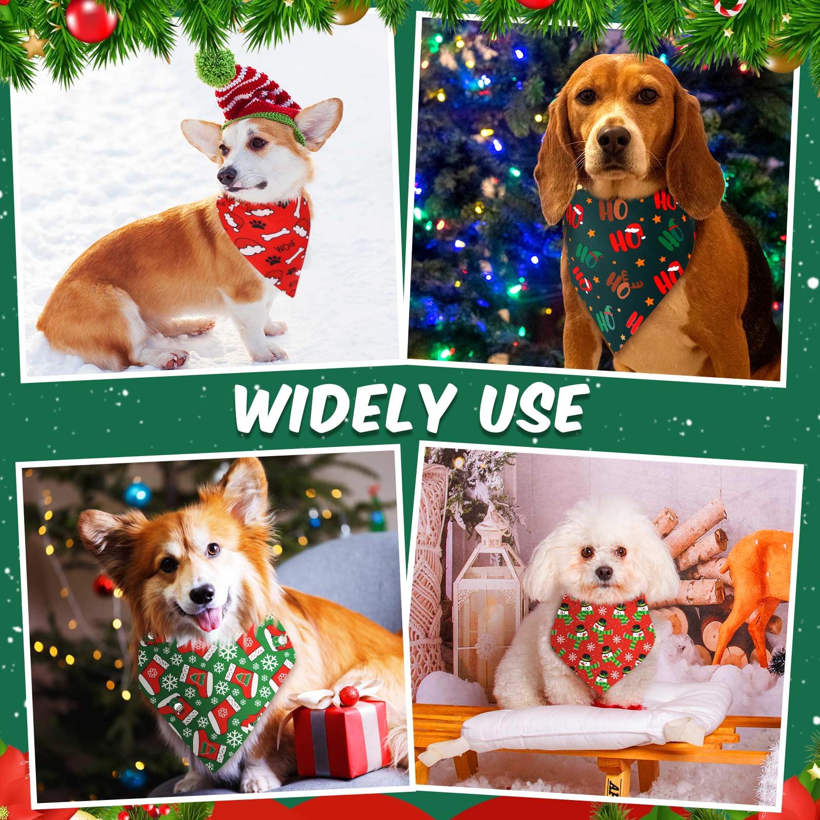 Aliceset 240 Pcs Christmas Dog Bandana Bulks Red Green Xmas Tree Santa Hat Snowflake Patterns Dog Kerchief Set Bibs Triangle Pet