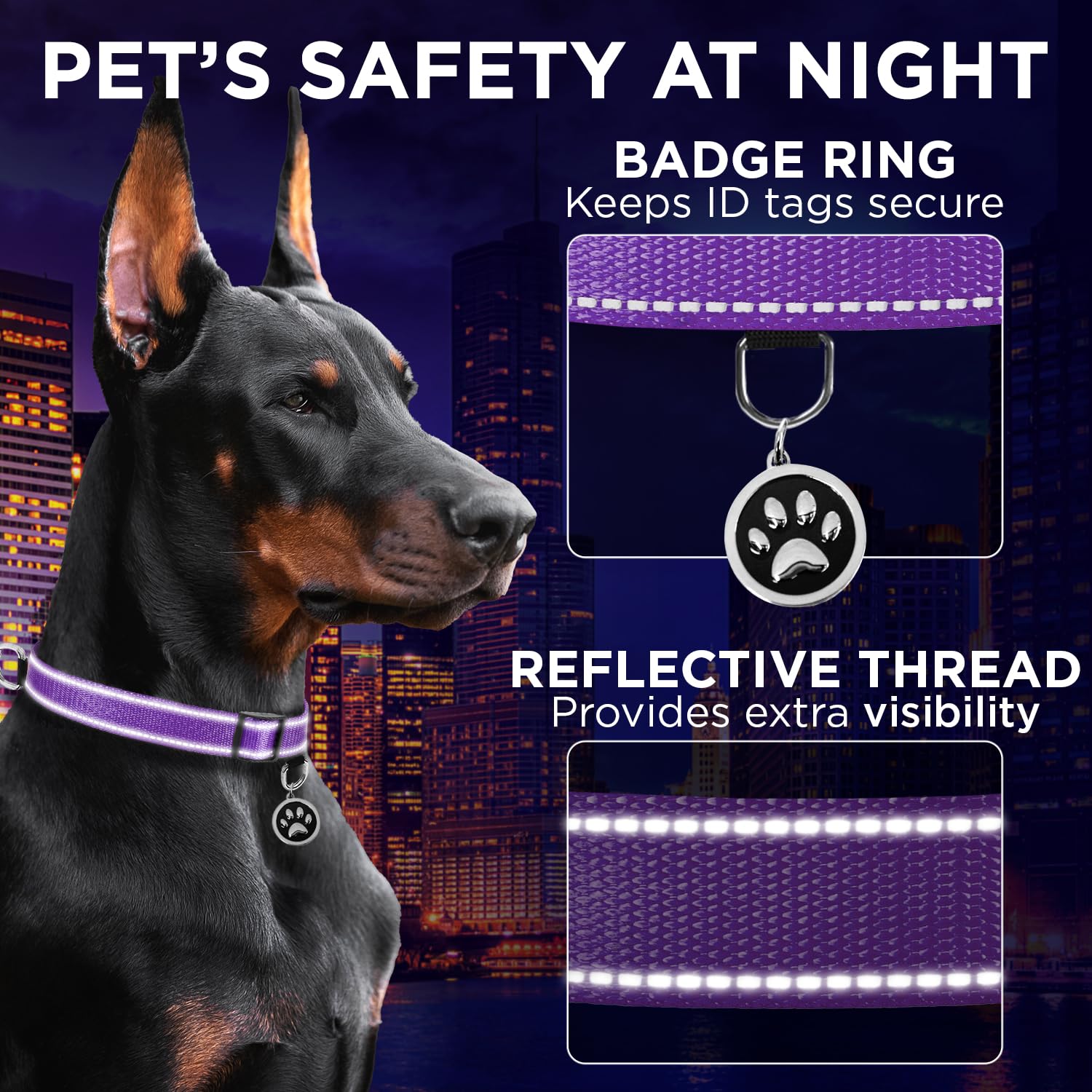 Teceum Reflective Pet Collar - Purple - M - Extra Soft Padding - Basic Nylon Dog Collar - Quick Release Buckle - Fits Small, Med