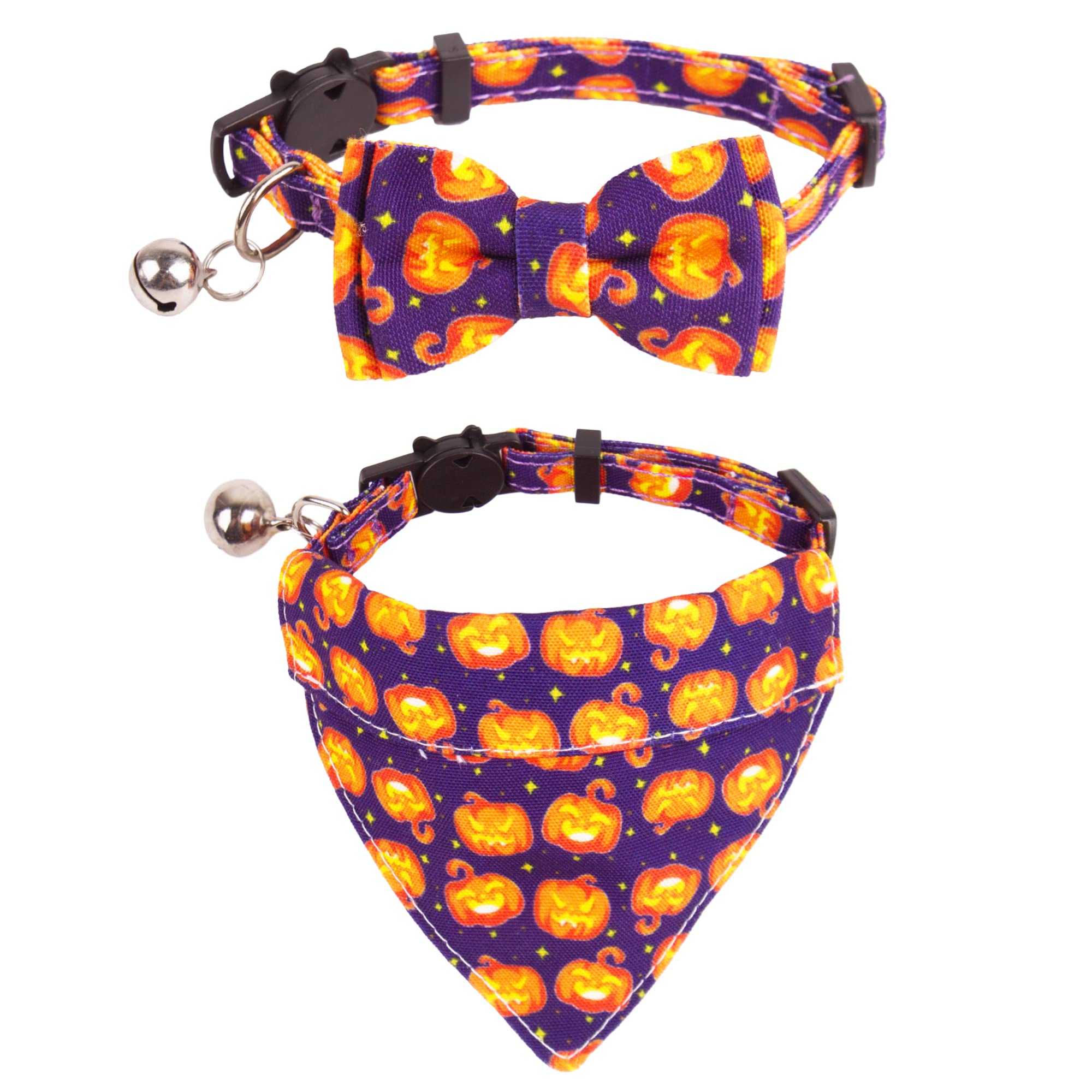 Adoggygo Halloween Cat Collar Breakaway With Removable Bowtie Bandana - 2 Pack Halloween Cat Bandana Collar Pumpkin Cat Kitten Collars Cat Halloween Bowtie Bandana Collar For Cat Kitten (Halloween)