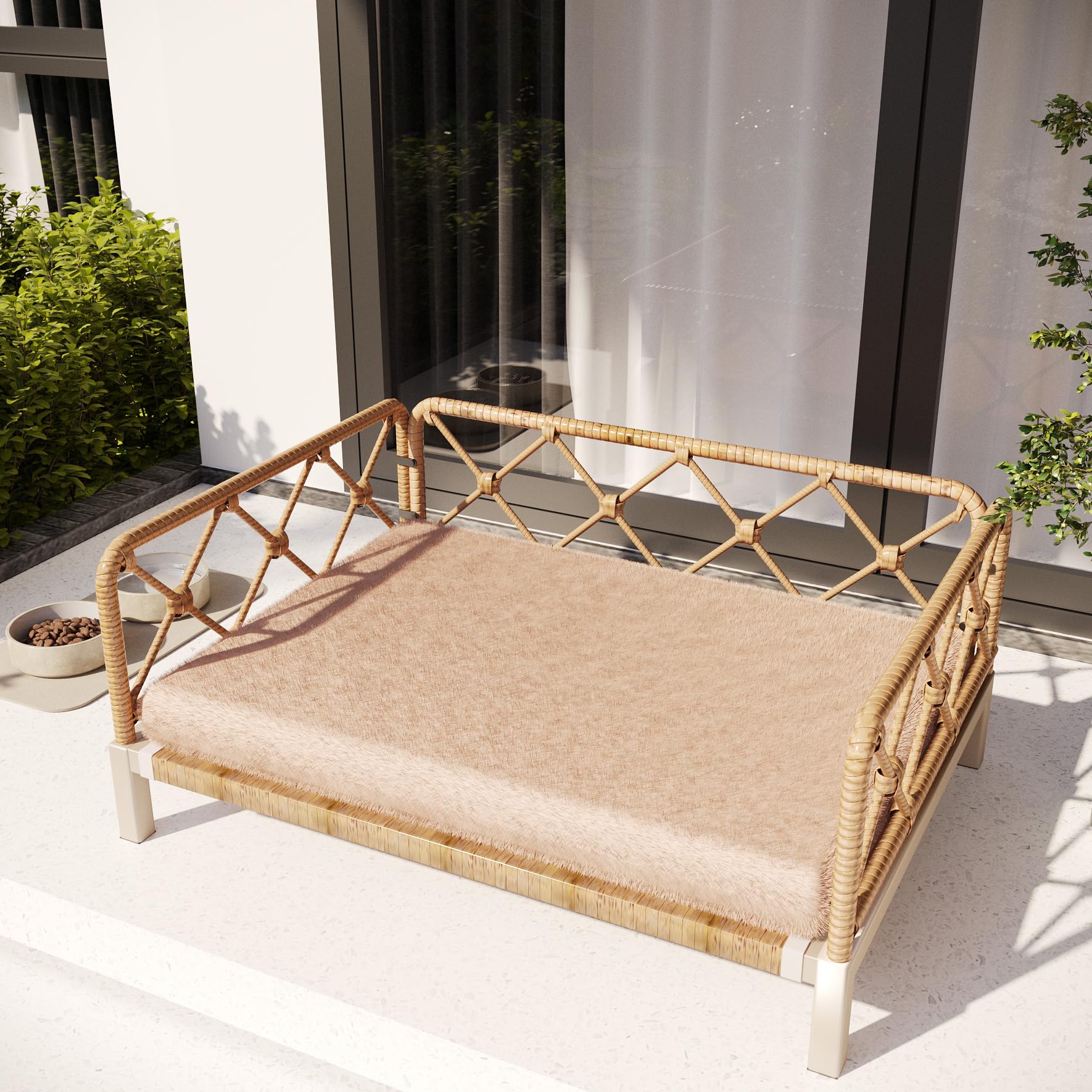 Otair Outdoor Wicker Dog Bed Indoor Rattan Dog Sofa With Soft Cushion (Brown Wicker And Cushion, Large)