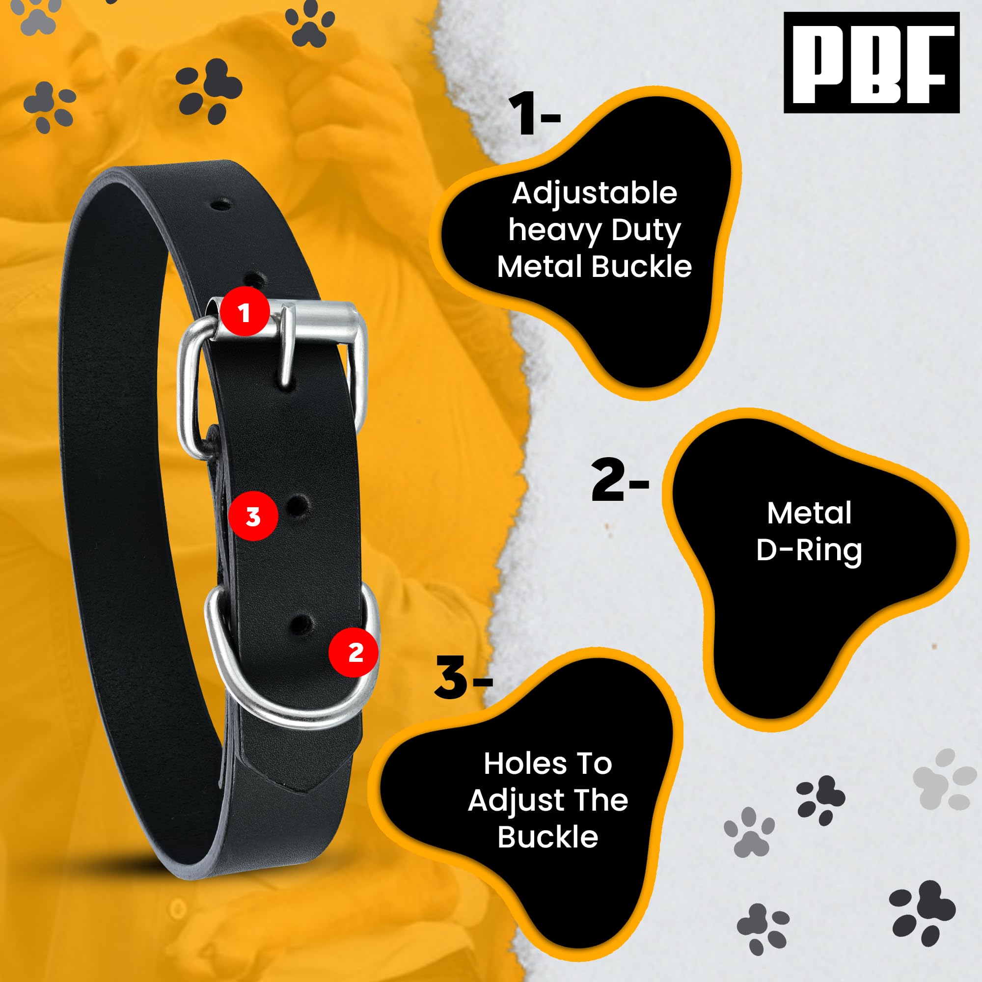 Pbf Genuine Leather Dog Collar - Heavy Duty, Thick And Durable Collar For Small, Medium, Large, And Extra Large Dogs (Black, Med