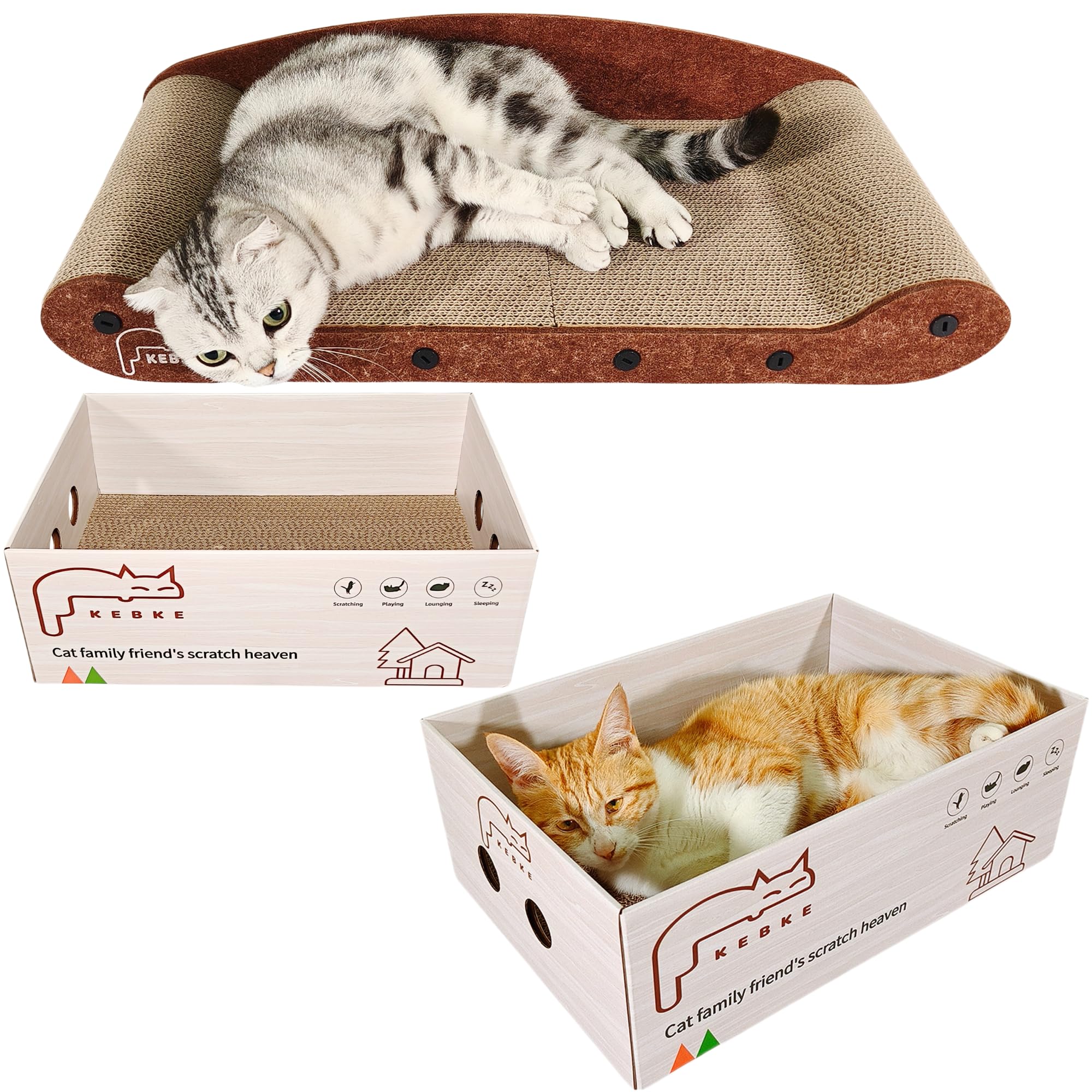 KEBKE Cat Scratcher 24" Sofa Bed & 16" Lounge Box, Durable Corrugated Paper, Brown, Model KK-0060