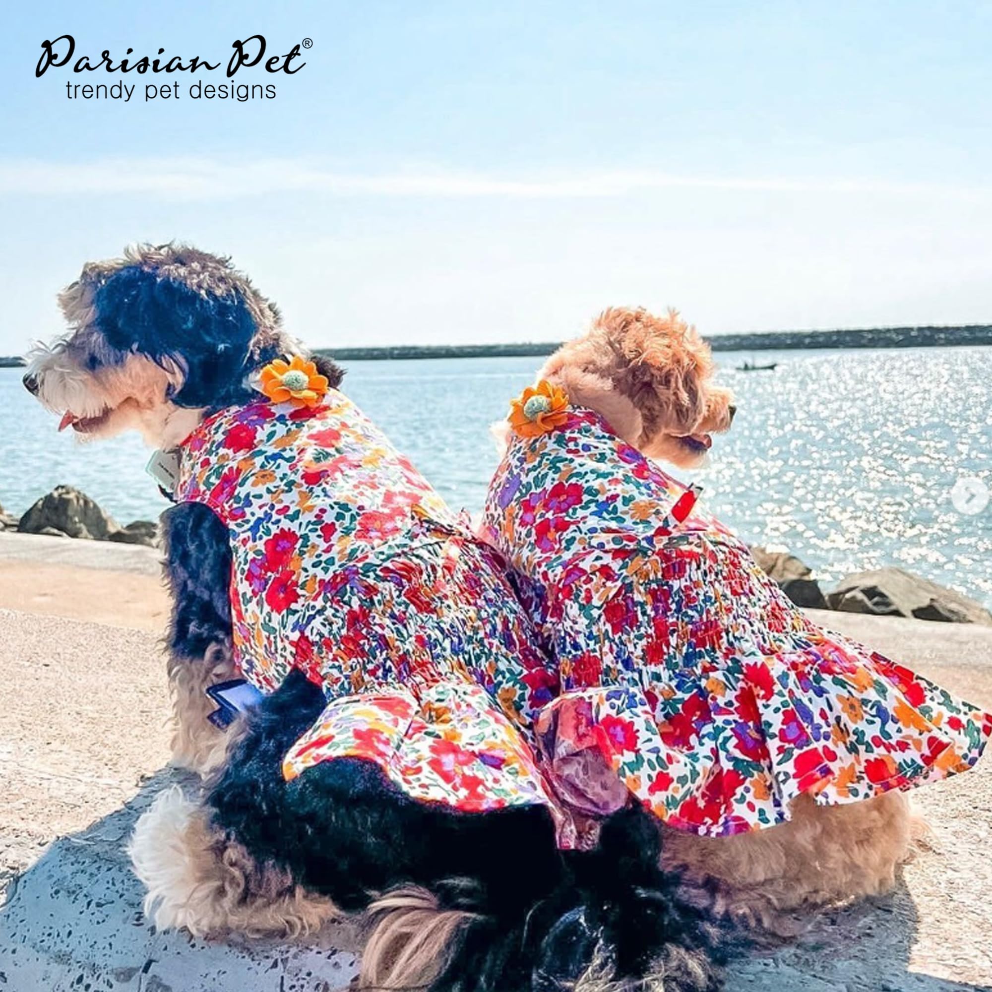 Parisian Pet Floral Printed Summer Dress - 100% Cotton Breathable Ruched Waist Dog Clothes - Beach Outfit - Cat Apparel - Dresse
