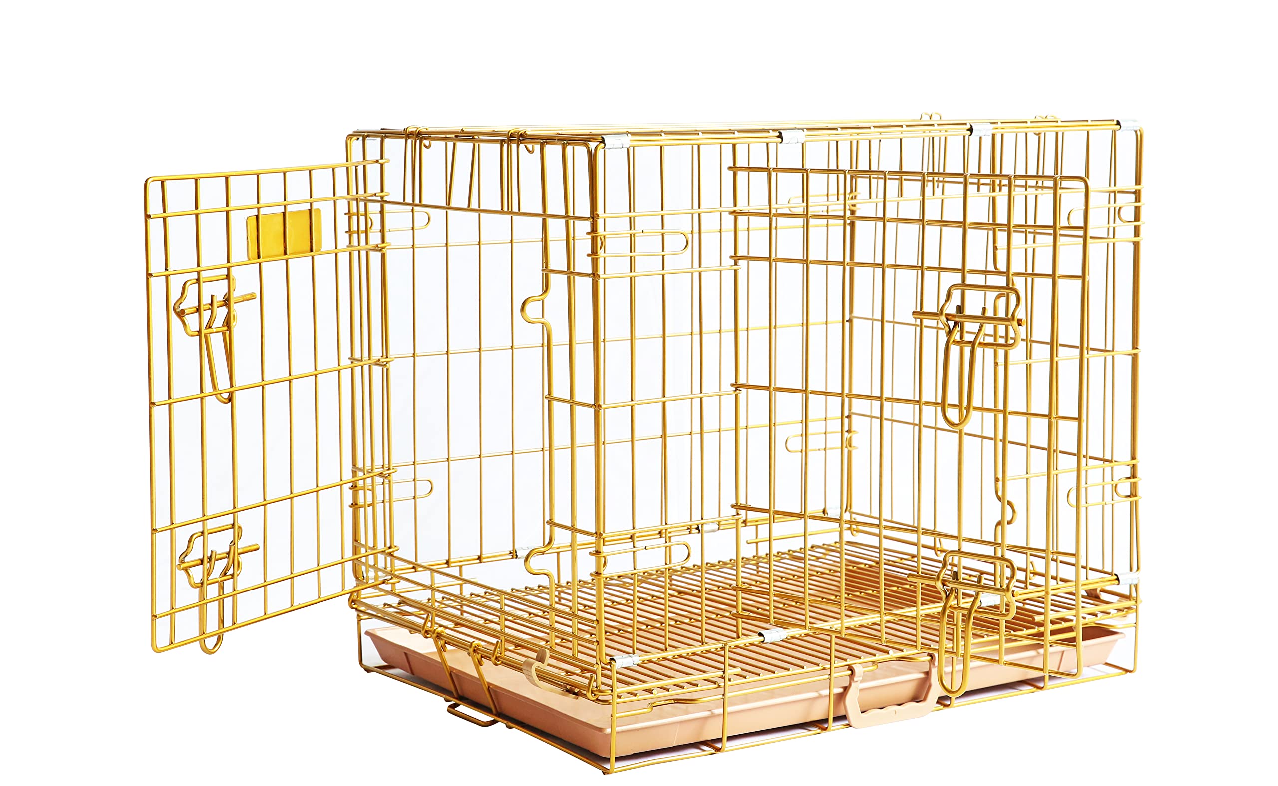 Homey Pet 24'' Gold Color Folding Design Dog Crate Puppy Ertra Small Breed Dog Kennels With Removable Floor Grid And Pull Out Tr