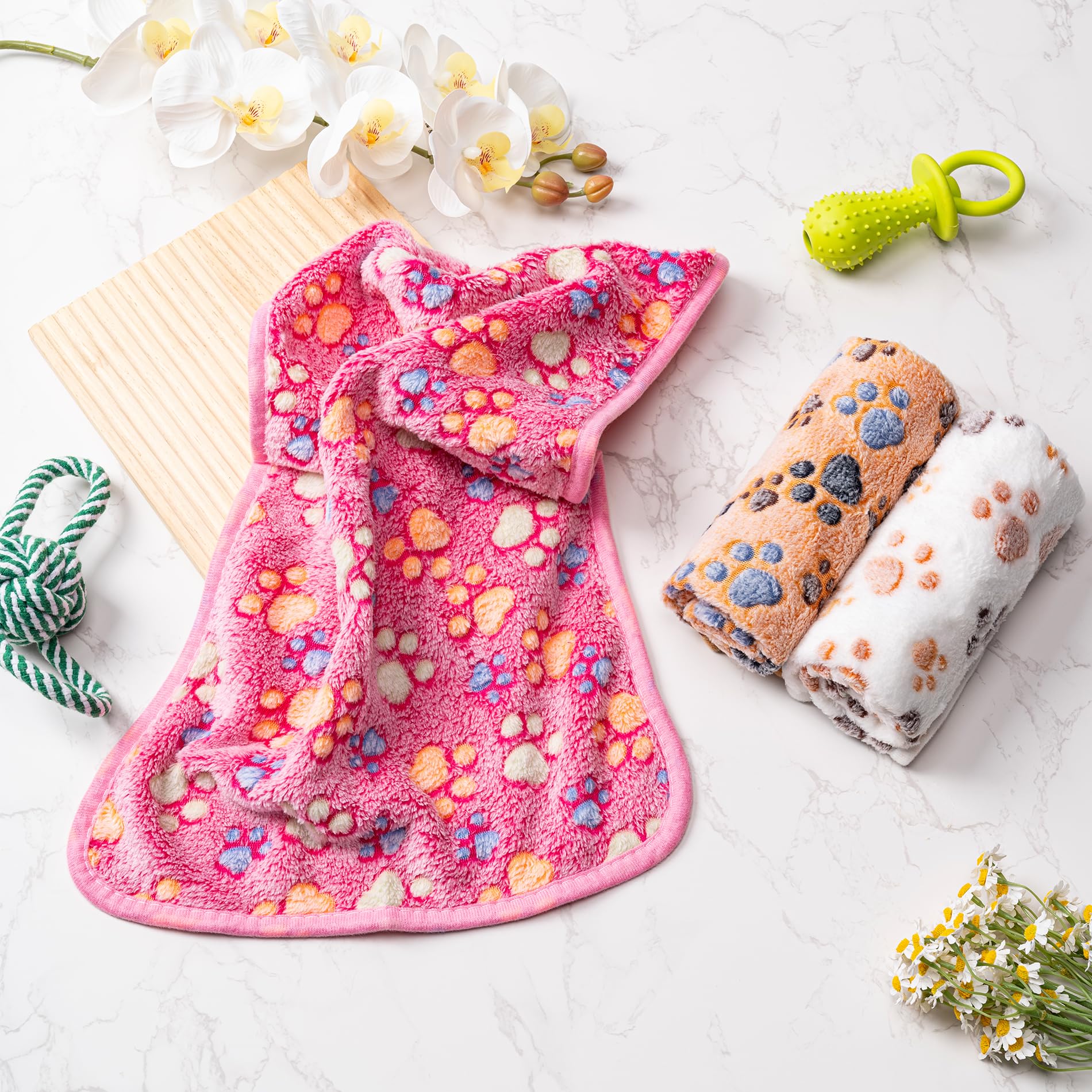 1 Pack 3 Blankets Fluffy Premium Fleece Soft Pet Blanket Flannel Throw for Cat Dog Puppy (Small 23x16, Paw-White/Pink/Brown)