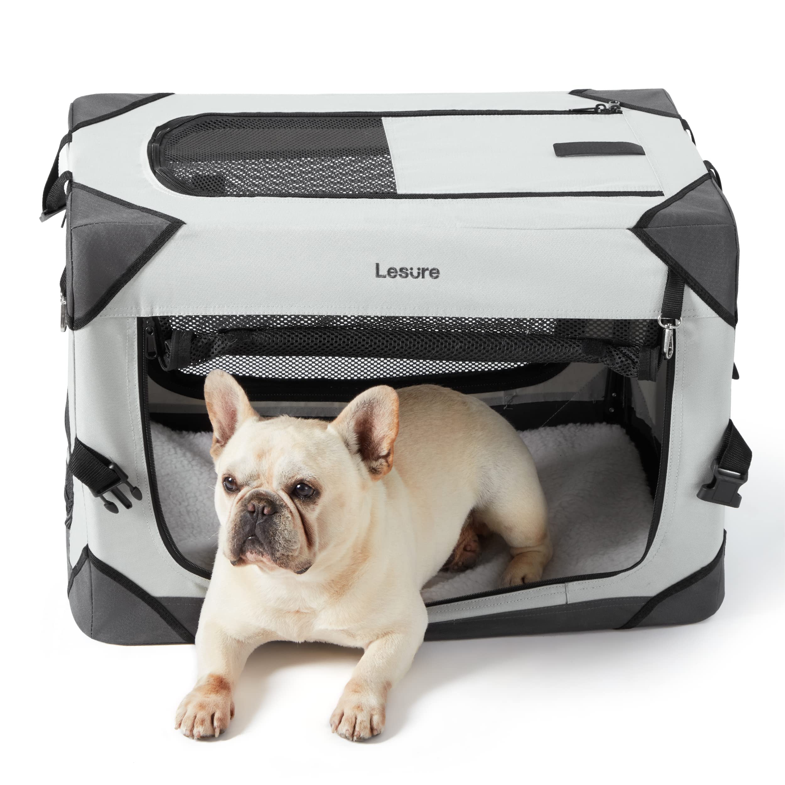 Lesure Collapsible Dog Crate - Portable Travel Kennel for Small Dog, 4-Door Pet Crate with Mesh Windows, Indoor & Outdoor, Light