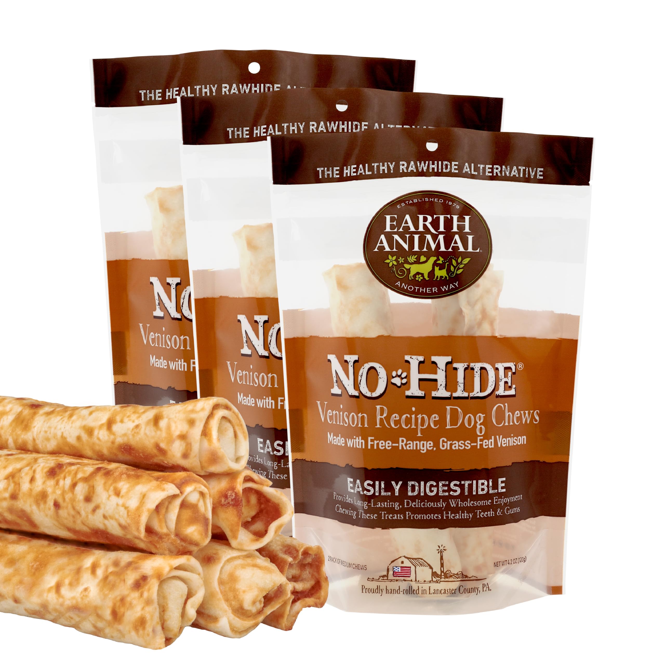 Earth Animal No Hide Medium Venison Flavored Natural Rawhide Free Dog Chews Long Lasting Chew Sticks | Treats for Large Dogs | G