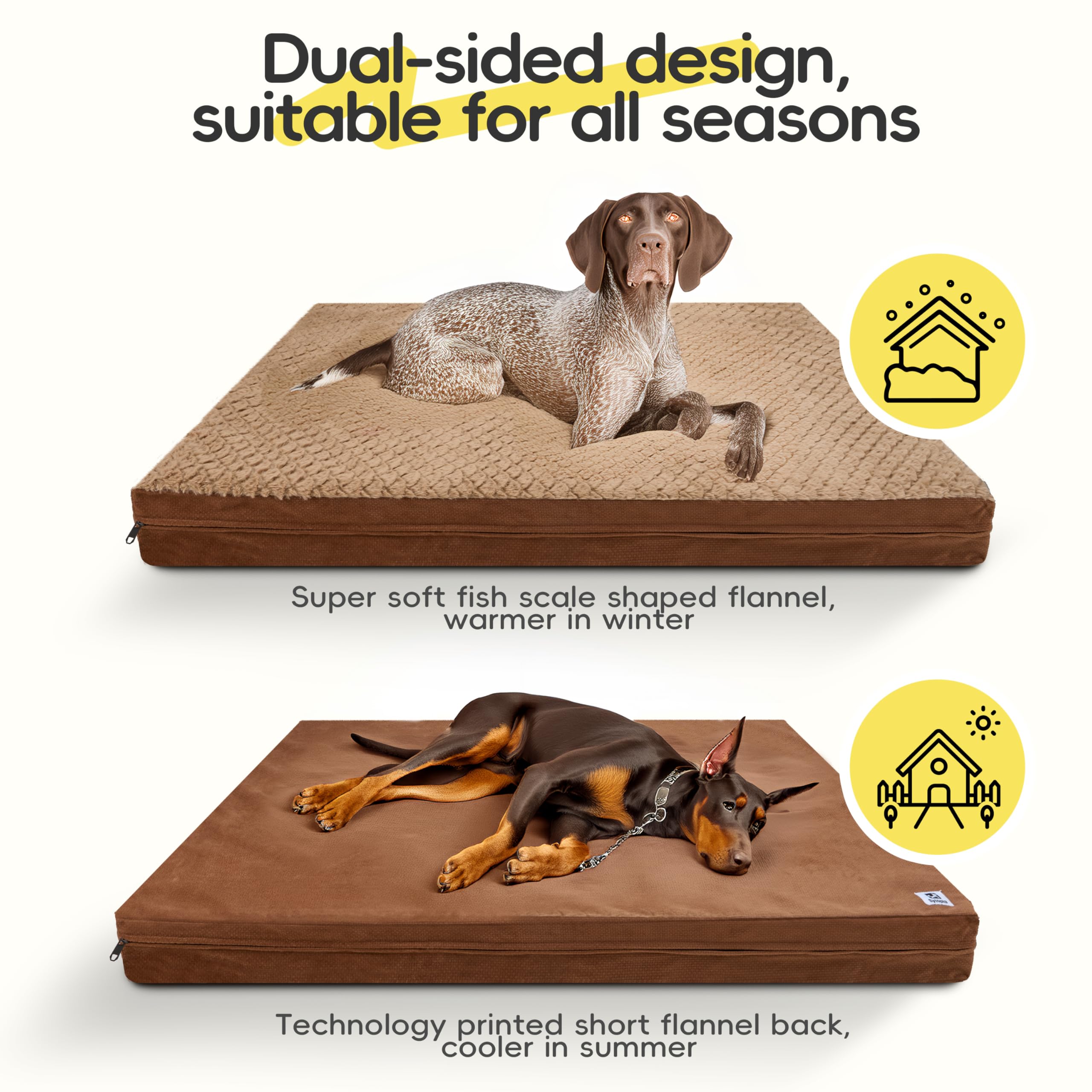 Reversible Waterproof Dog Bed For Crate, Extra Large, Washable Cover, Egg Crate Foam, Standard Size For Dogs Up To 90 Lbs, Brown