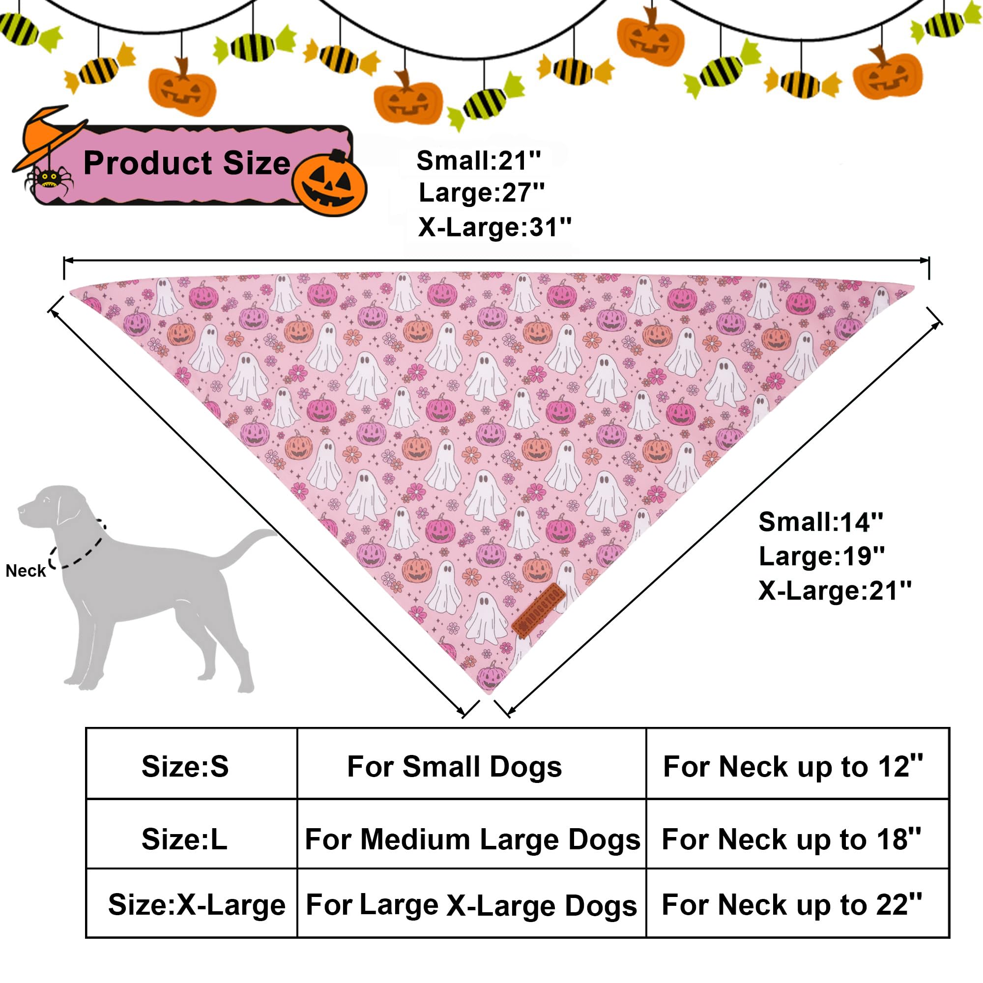 ADOGGYGO Halloween Dog Bandana, Pink Pumpkin Ghost Scarf, Adjustable Fit Female Halloween Bandanas for Medium Large Dogs Pets (L