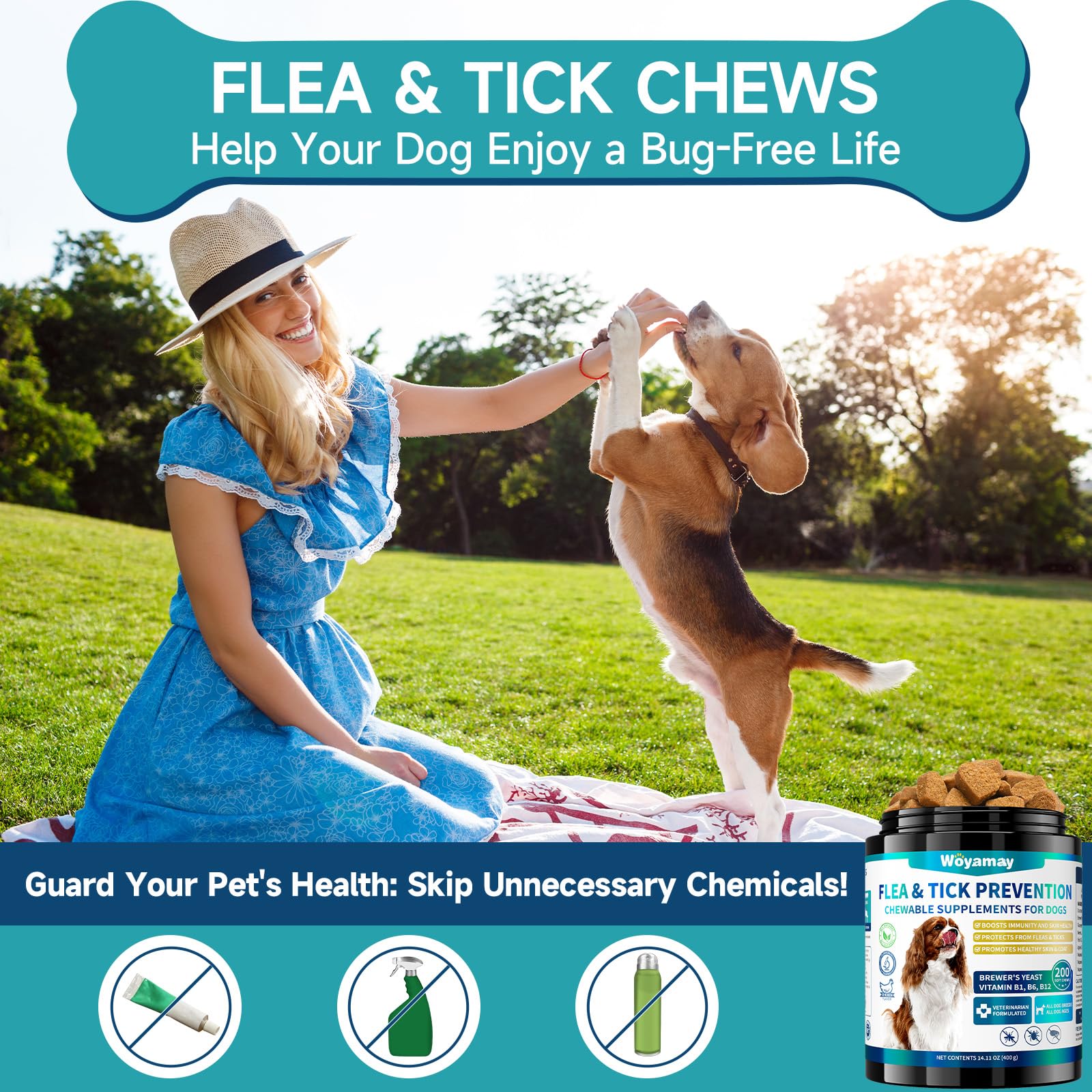 Woyamay Flea and Tick Prevention for Dogs Chewables, 200 Soft Treats, Natural Dog Flea and Tick Treatment, Oral Flea Chews for D