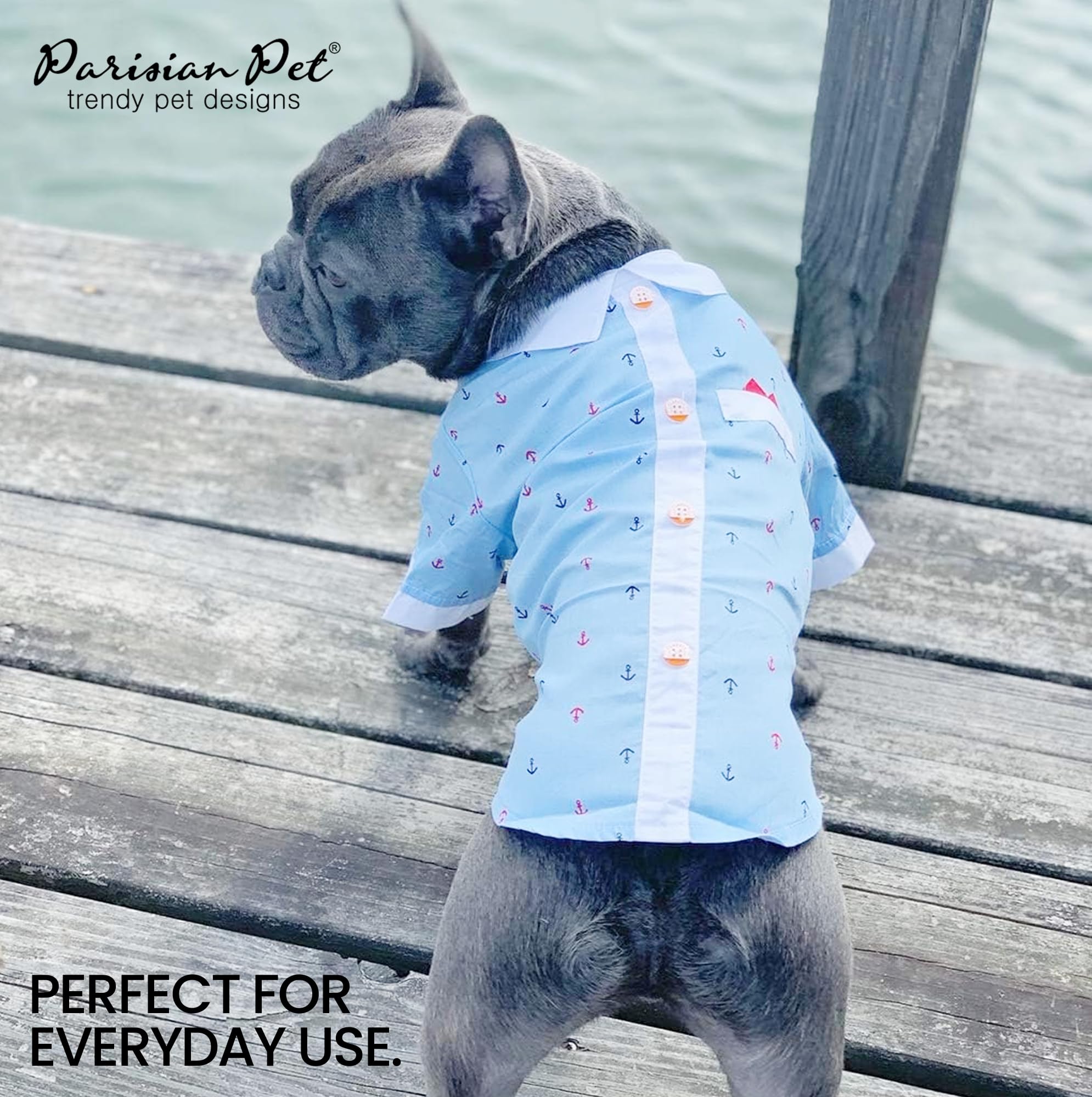 Parisian Pet Dog Shirt - Dog Nautical Costume - 100% Cotton Anchor Dog Clothes - Sleeved Doggie Shirt - Blue And White Dog Costu