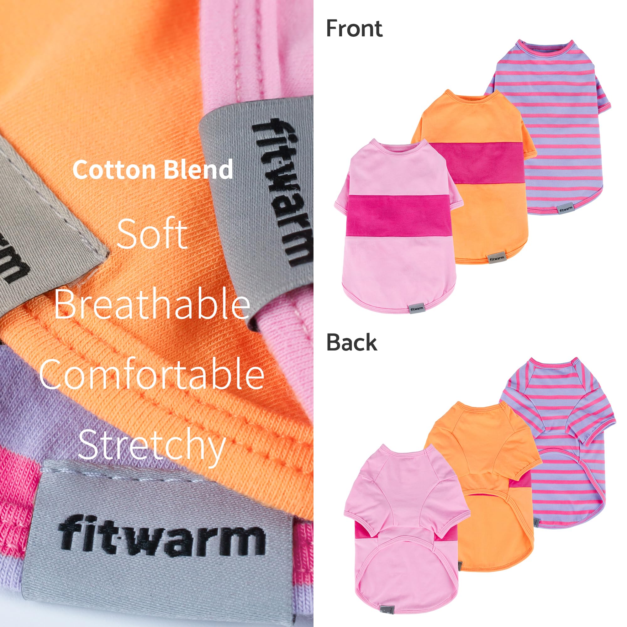 Fitwarm 3 Pack Color Block Striped Dog Shirt, Summer Dog Clothes for Small Dogs, Breathable Lightweight Dog Tshirt, Pet Outfit,