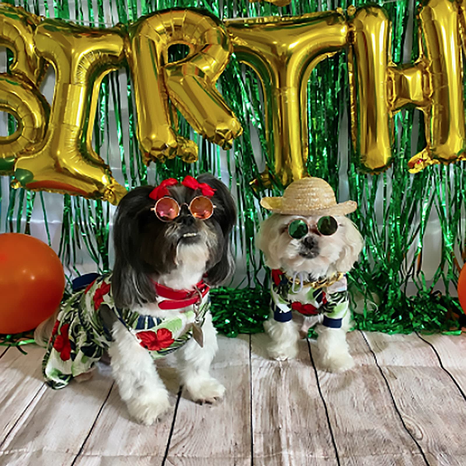 6 Pieces Pet Dog Cat Costume, Pet Sunglasses And Summer Pet Straw Hat With Faux Gold Chain Collar, Classic Funny Pet Accessories For Pet Cat Puppy Small Medium Dog Birthday Cosplay Party (Cute Style)