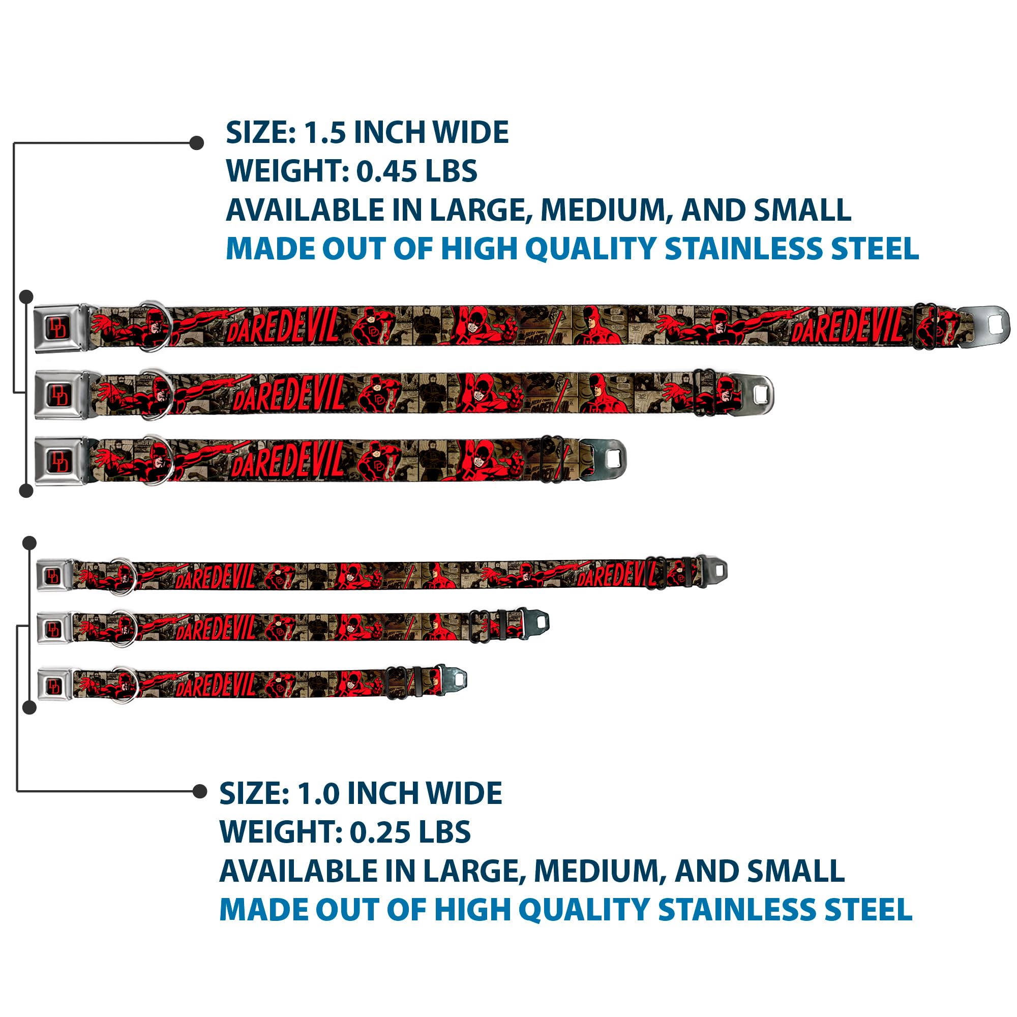 Buckle-Down Seatbelt Buckle Dog Collar - Daredevil Action Poses/Comic Panels Grays/Red - 1'' Wide - Fits 15-26'' Neck - Large
