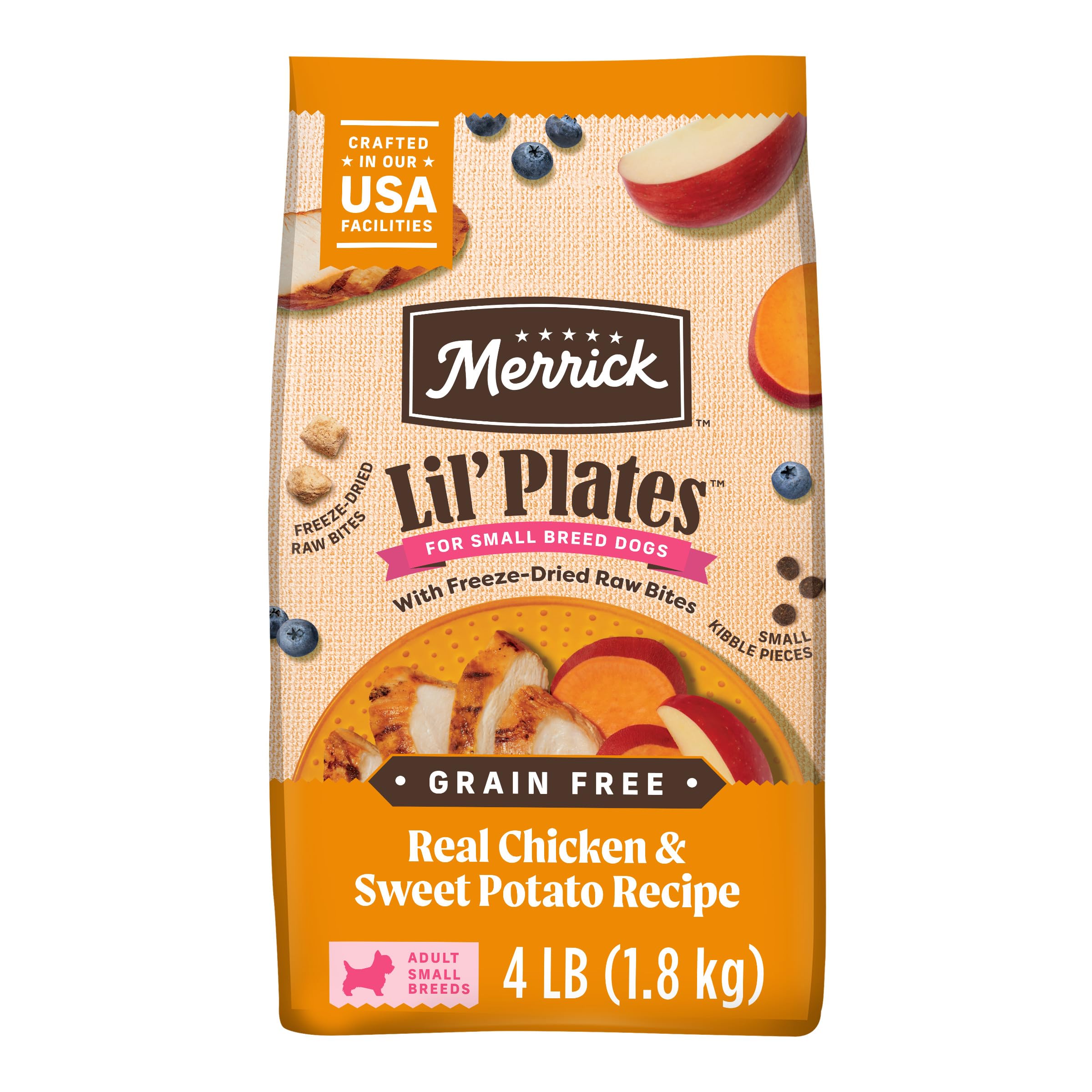Merrick Lil Plates Grain Free Dry Dog Food For Small Dogs, Chicken And Sweet Potato Kibble With Raw Bites - 4.0 lb. Bag