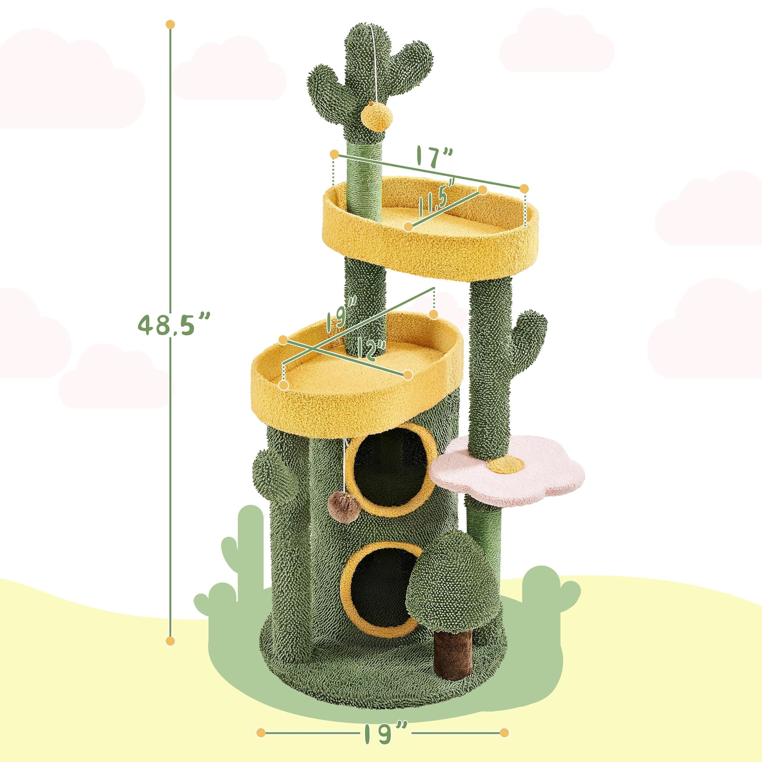 Yaheetech Cactus Cat Tree For Indoor Cats, 48.5In Cat Tower With 2 Large Platform, 2 Tiered Condo, Scratching Posts & Dangling B