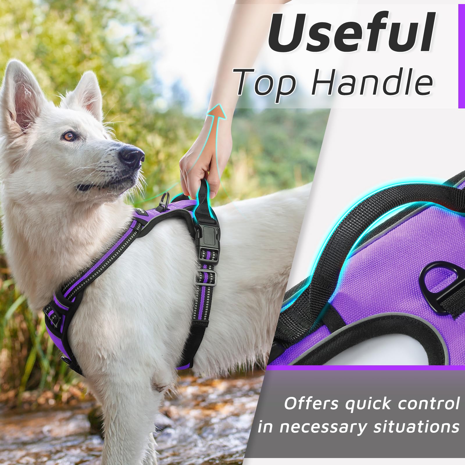 Eagloo Dog Harness Large Breed, No Pull Service Vest With Reflective Strips And Control Handle, Adjustable And Comfortable For Easy Walking, No Choke Pet Harness With 2 Metal Rings, Purple, Xl