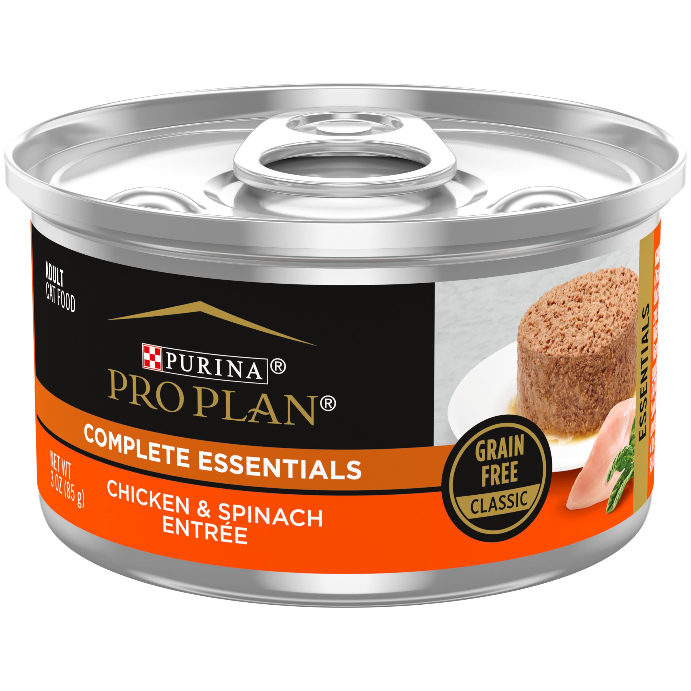Purina Pro Plan Grain Free Pate Wet Cat Food, COMPLETE ESSENTIALS Chicken & Spinach Entree Classic - (Pack of 24) 3 oz. Pull-Top