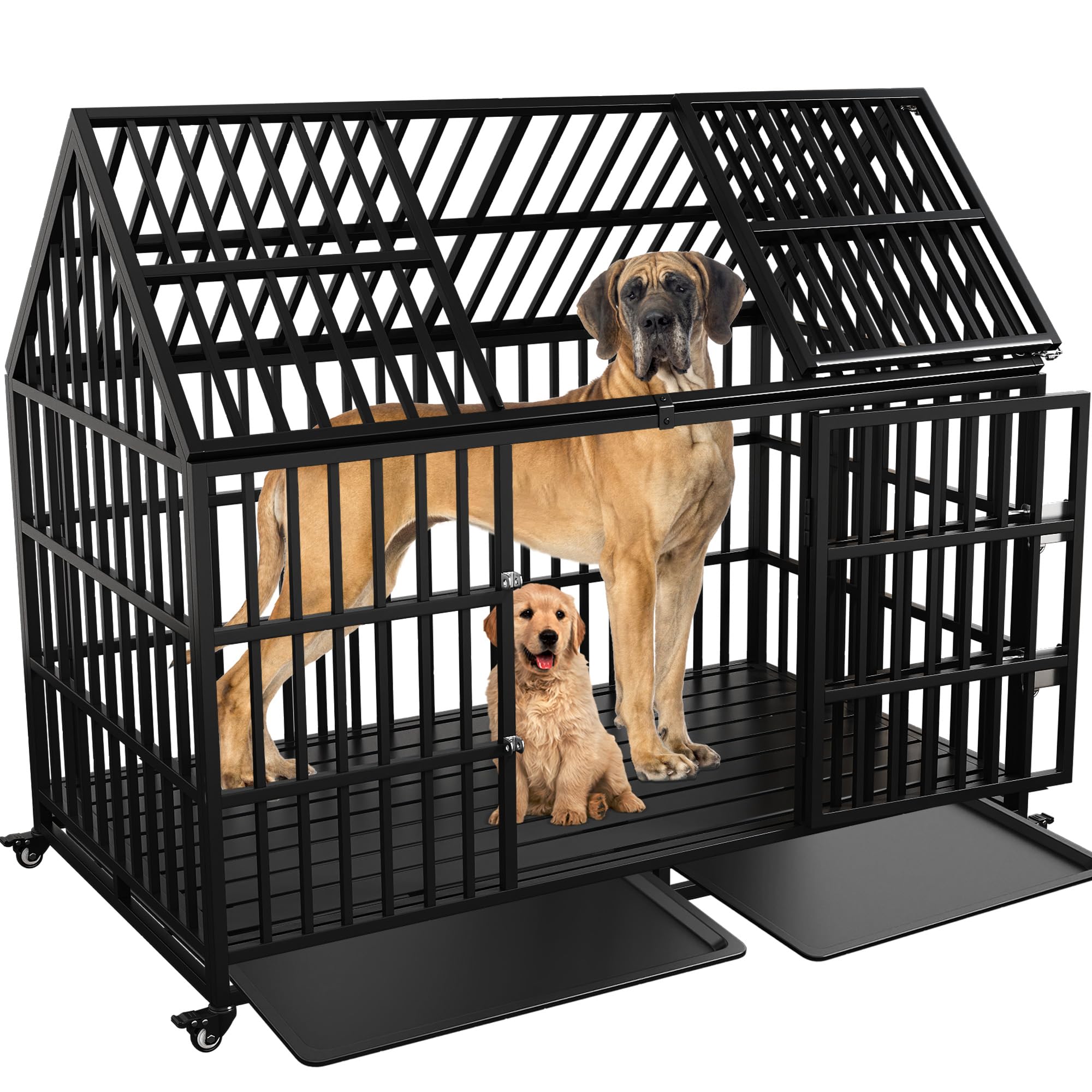 Heavy Duty Dog Crate 54 Inch Xl Large Pet Dog Cage Crate Kennel With Roof Top 2 Doors Removable Trays, Lockable Wheels Escape-Pr