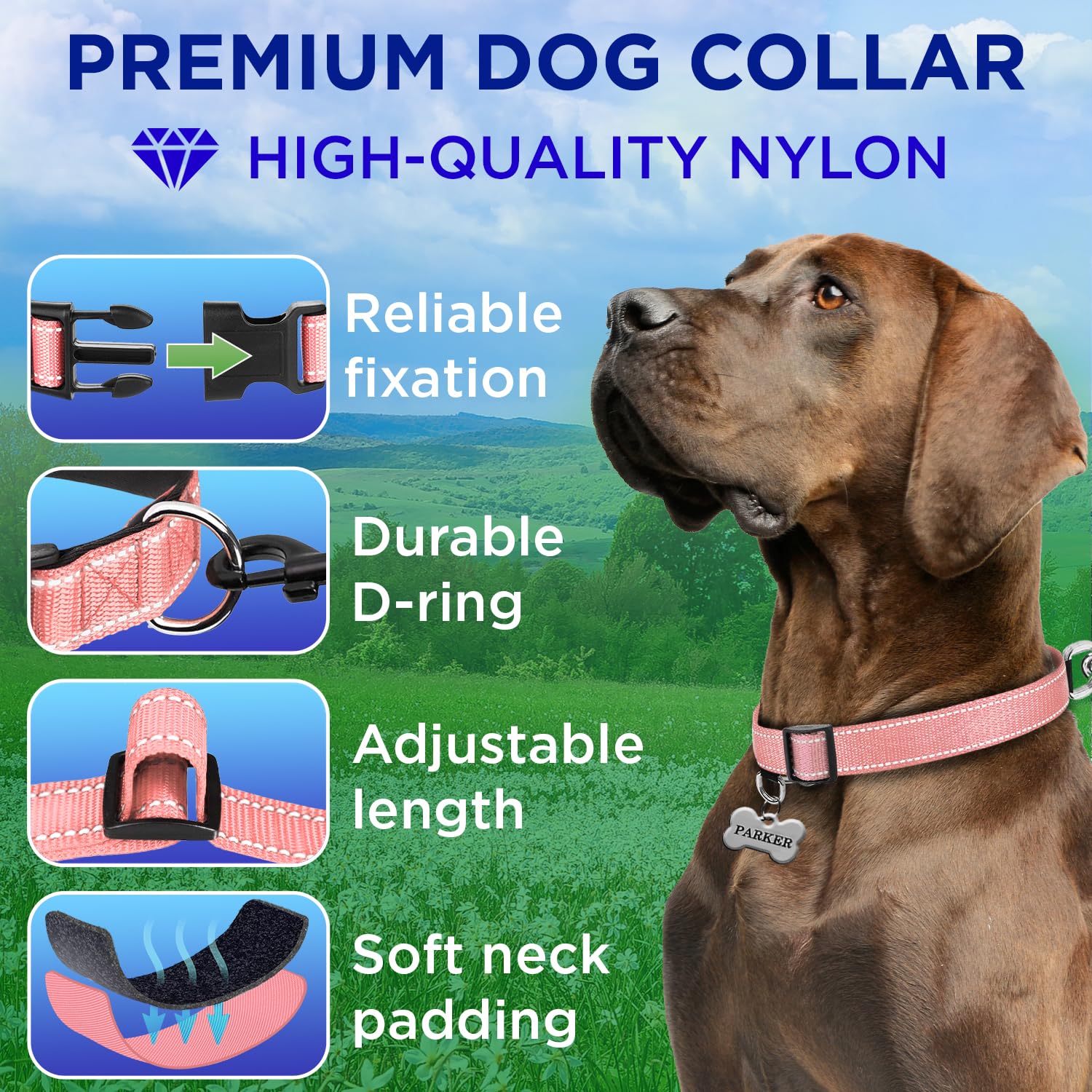Teceum Reflective Pet Collar - Pink - L - Extra Soft Padding - Basic Nylon Dog Collar - Quick Release Buckle - Fits Small, Mediu