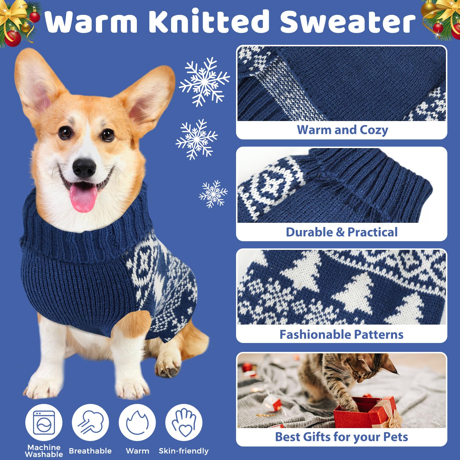 Christmas Dog Sweaters & Shirts For Small To Large Dogs, Soft Warm Turtleneck Sweaters, Double Knit Collar For Outdoors, Blue Xs
