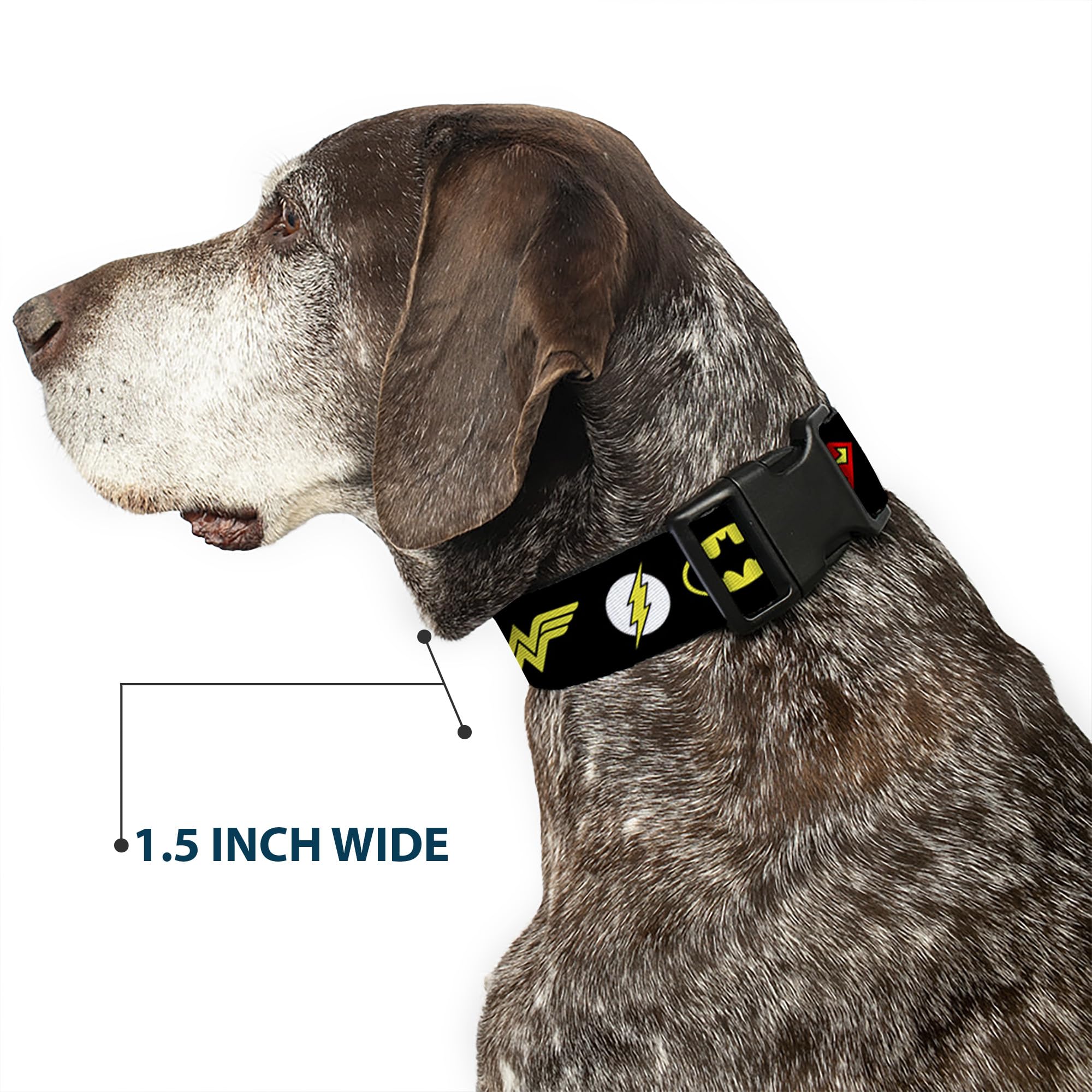 Dog Collar Plastic Clip Justice League 6 Superhero Logos Black 13 to 18 Inches 1.5 Inch Wide