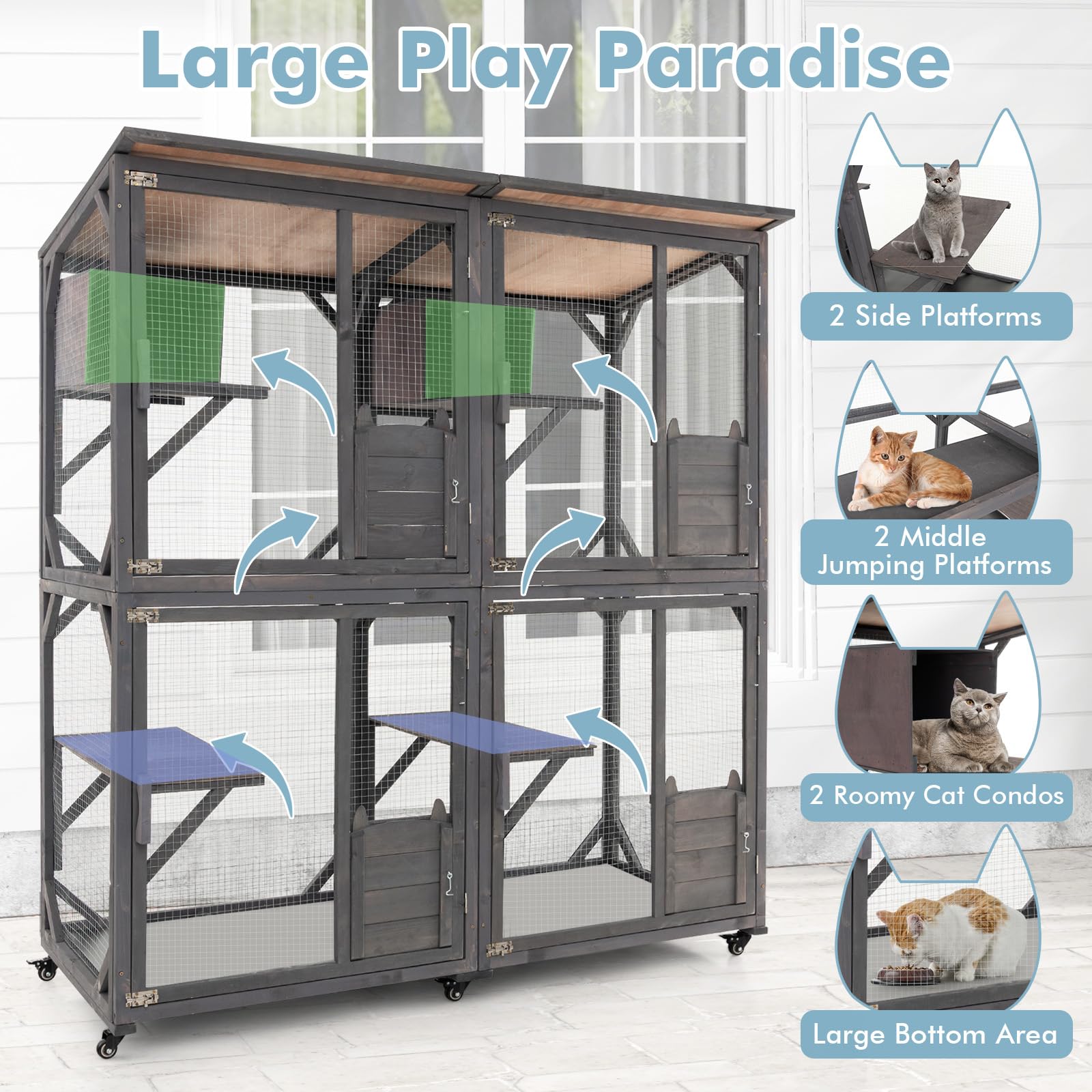 Tangkula Catio Outdoor Cat Enclosure Large, 71 Inch Outdoor Cat House Weatherproof With Asphalt Roof, Wooden Cat Cage Playpen With 7 Jumping Platforms & 2 Resting Boxes, Walk-In Cat Kennel Condo