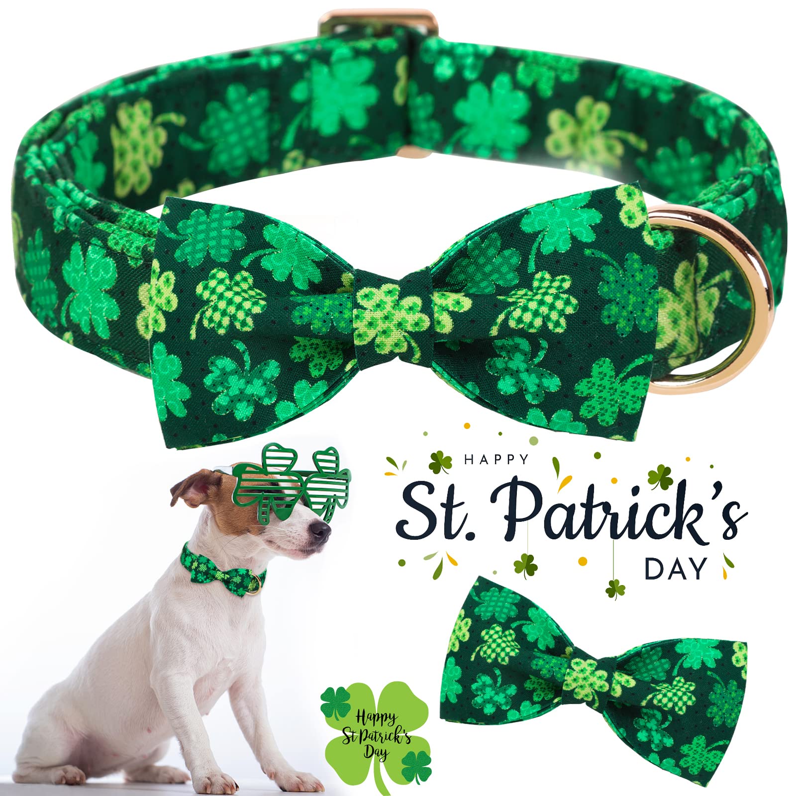 Aring Pet St. Patrick'S Day Dog Collar-Cute Clovers Dog Collar With Bow, Cotton Trefoil Bowtie Dog Collars With Metal Buckle For