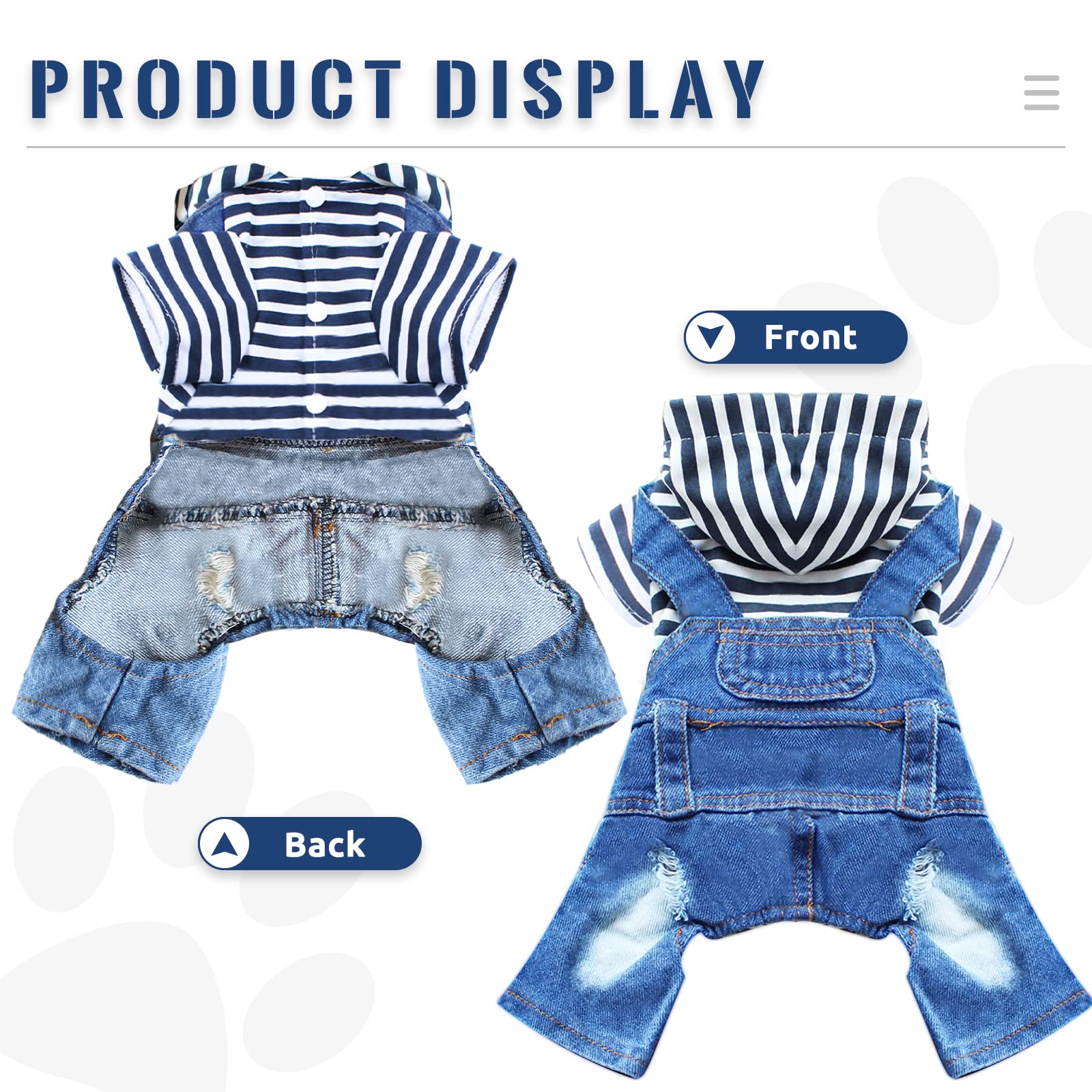 Doggyzstyle Small Dog Hoodie Clothes Cute Stripe Shirts Denim Jumpsuit One-Piece Outfit For Small Medium Dogs Cats Boy Girl Chih
