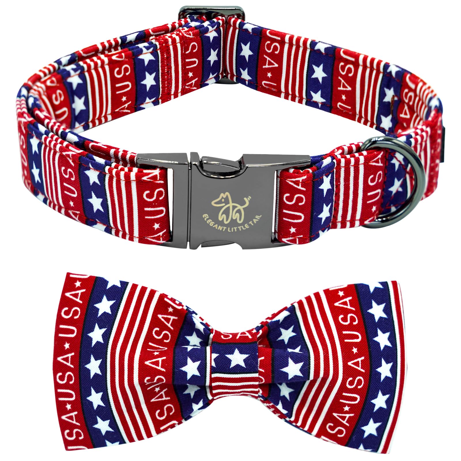 Elegant Little Tail Independence Dog Collar, Patriotic Pet Collar With Bow Tie American 4Th Of July Pet Gift Cotton Soft Boy Gir