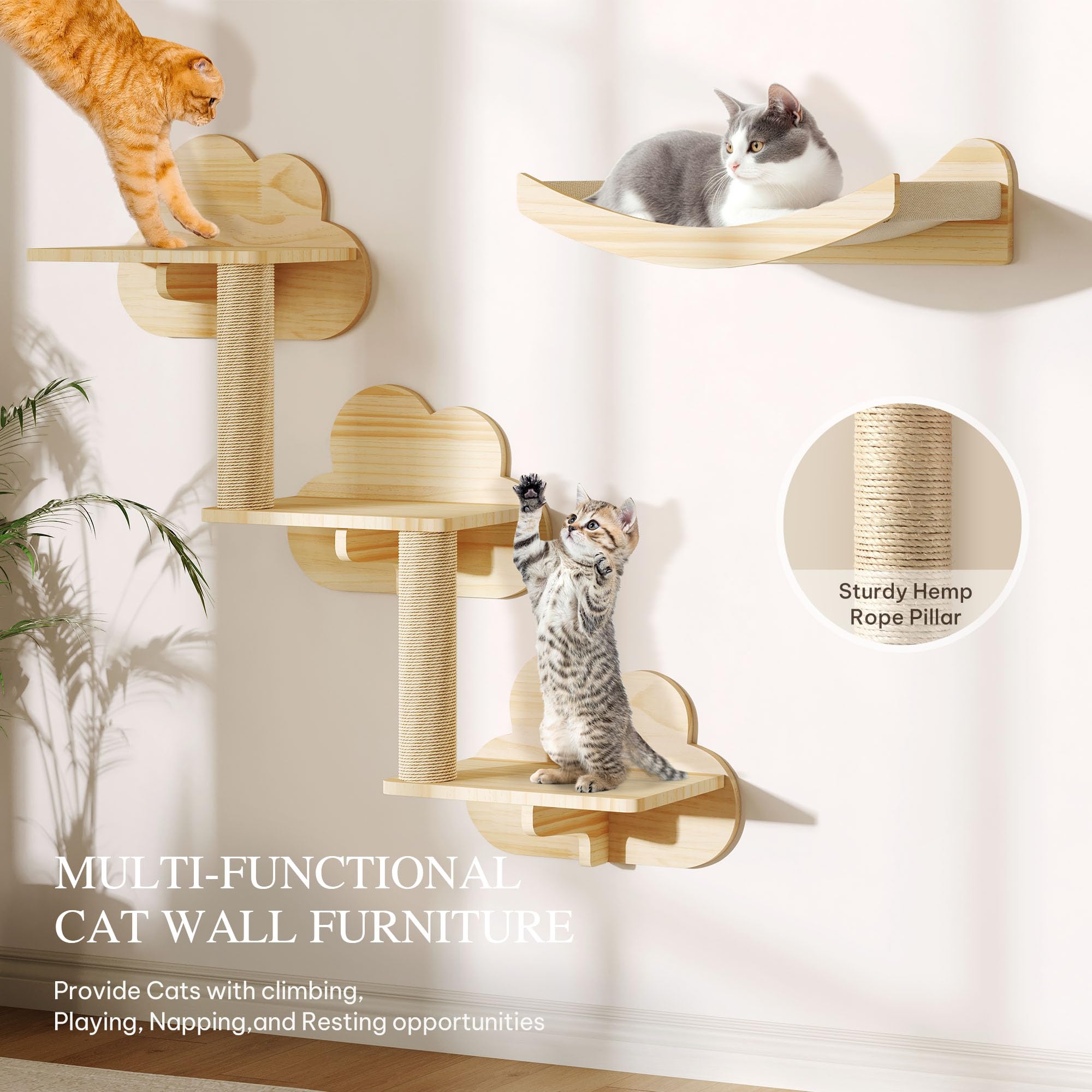 Homiflex Cat Wall Shelves and Perches, Solid Wood Wall Mounted Cat Furniture, Set of 13 Cat Climbing Shelves with Moon Hammock,