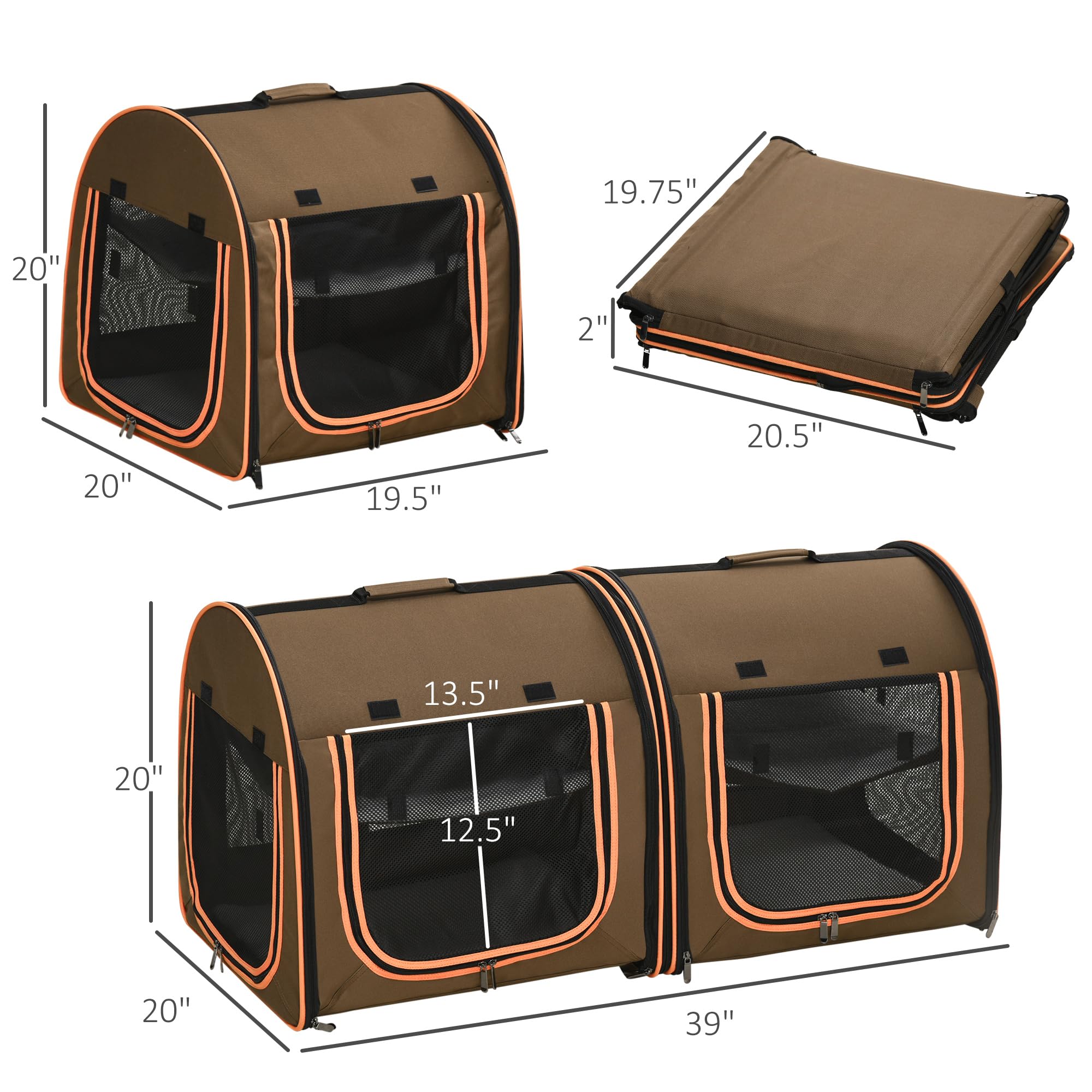 Pawhut 39' Portable Soft-Sided Cat Carrier, Travel Pet Carrier With Divider, Two Compartments, Soft Cushions, & Storage Bag, Brown
