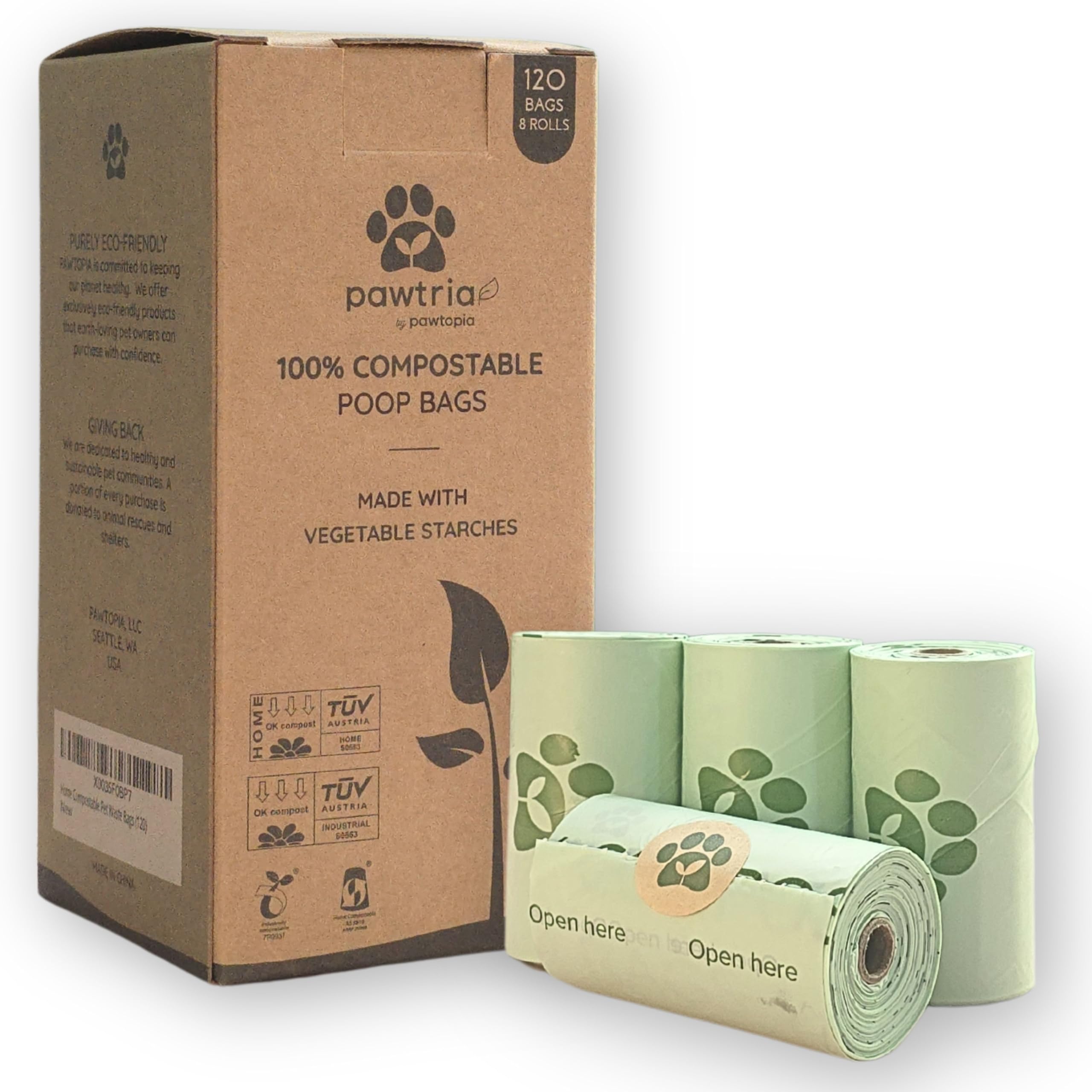 Pawtria Certified Home Compostable Dog Poop Bags (120 Bags), Biodegradable Poop Bags for Dogs, Cat Litter, Vegetable Starches, E