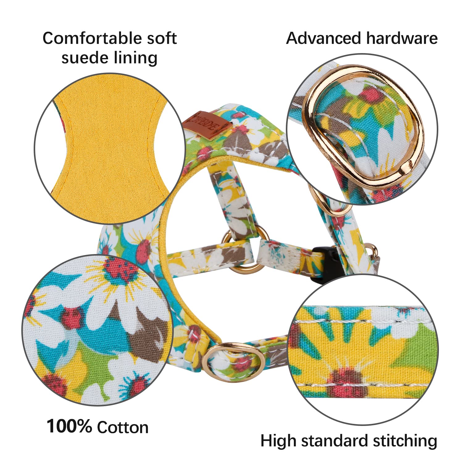 Chede Floral Yellow Daisy Dog Harness (Xs, Small Dogs), Soft Breathable Cotton, Adjustable, No-Pull, With 360 Rotating Clasp Lea