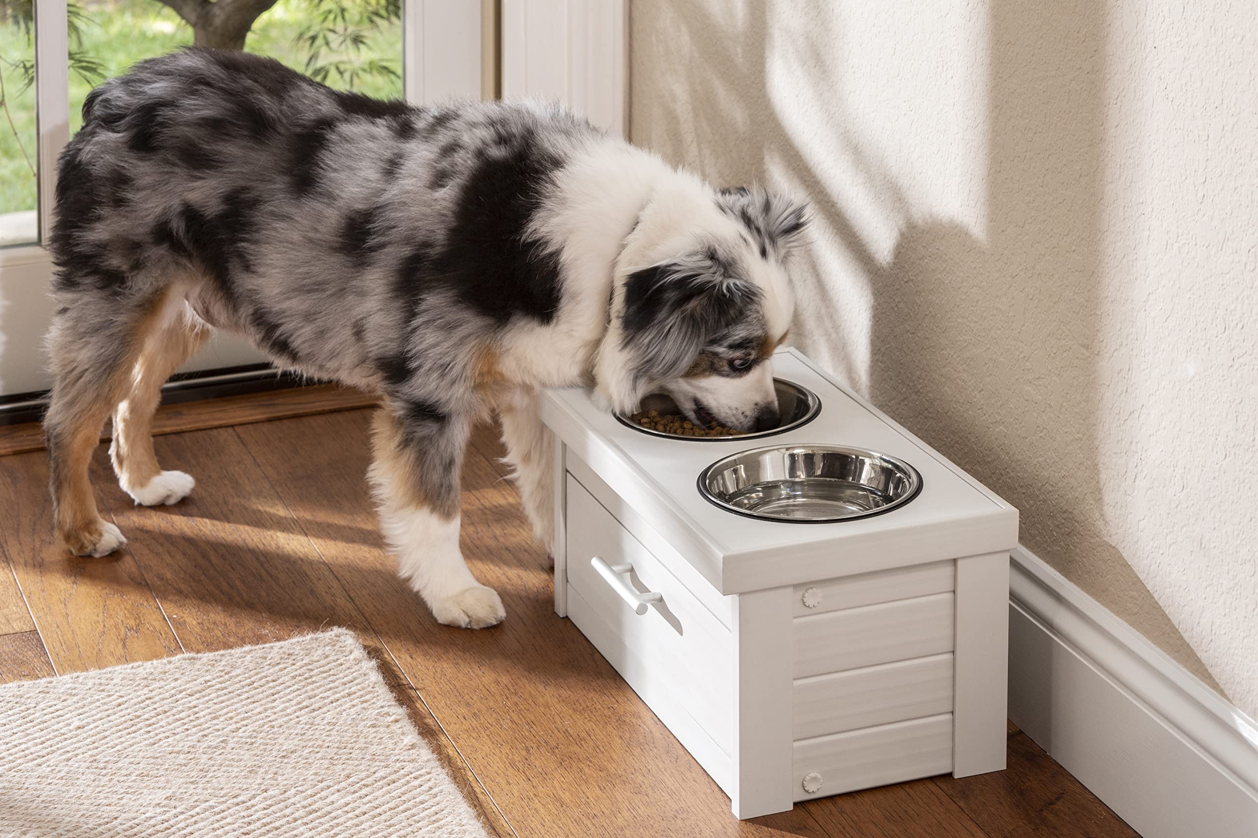 Ecoflex Piedmont 2Bowl Dog Diner With Storage Drawer Antique White