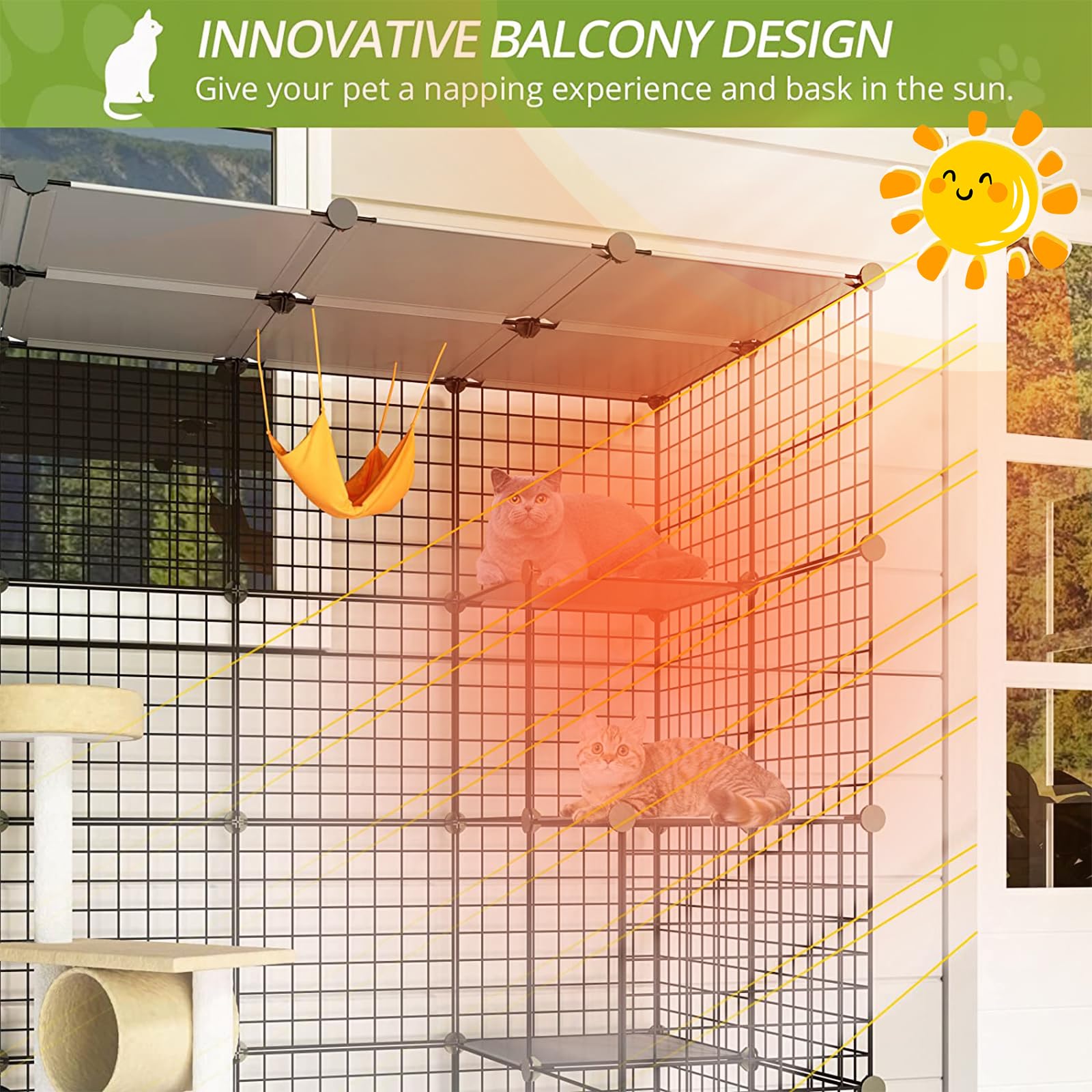 Eiiel Outdoorcat Cages Enclosure With Super Large Enter Door, 55.1Lx41.3Wx41.3H Cat House Balcony Playpen Platforms,Diy Kennels Crate Exercise Place Ideal For 1-4 Cats, Black, (El-387R)