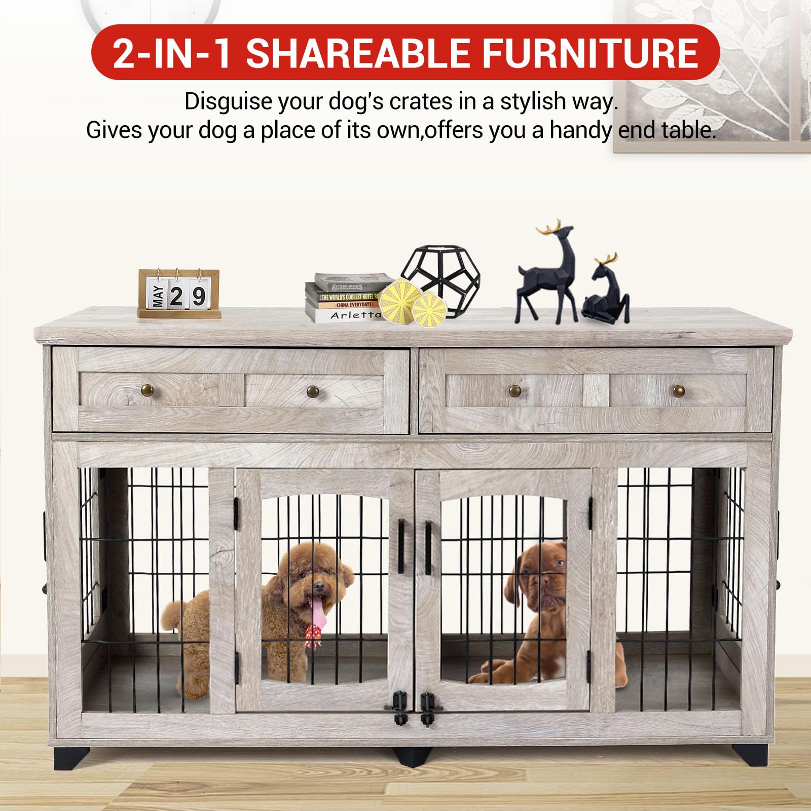 Dog Crate Furniture with 5 Doors, 58 Wooden Dog Kennel End Table with Large Capacity Drawers, Dog House with Openable Divider fo