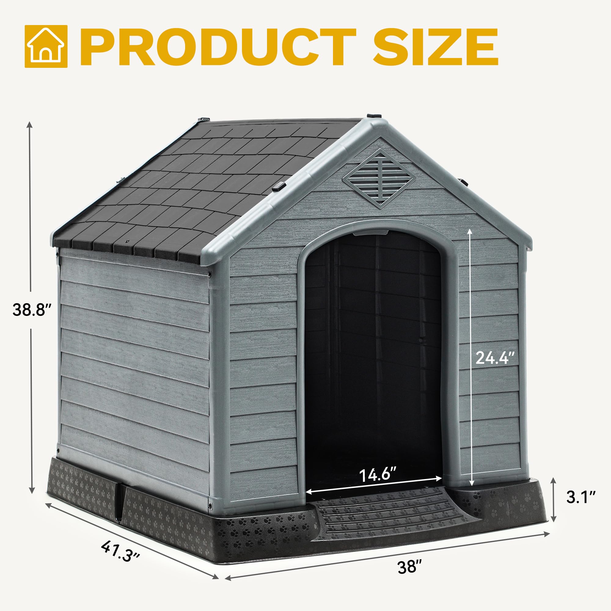 DWVO Spacious Plastic Dog Shelter, Weatherproof Outdoor/Indoor Doghouse, Puppy Kennel with Air Vents and Elevated Floor, 41.3L