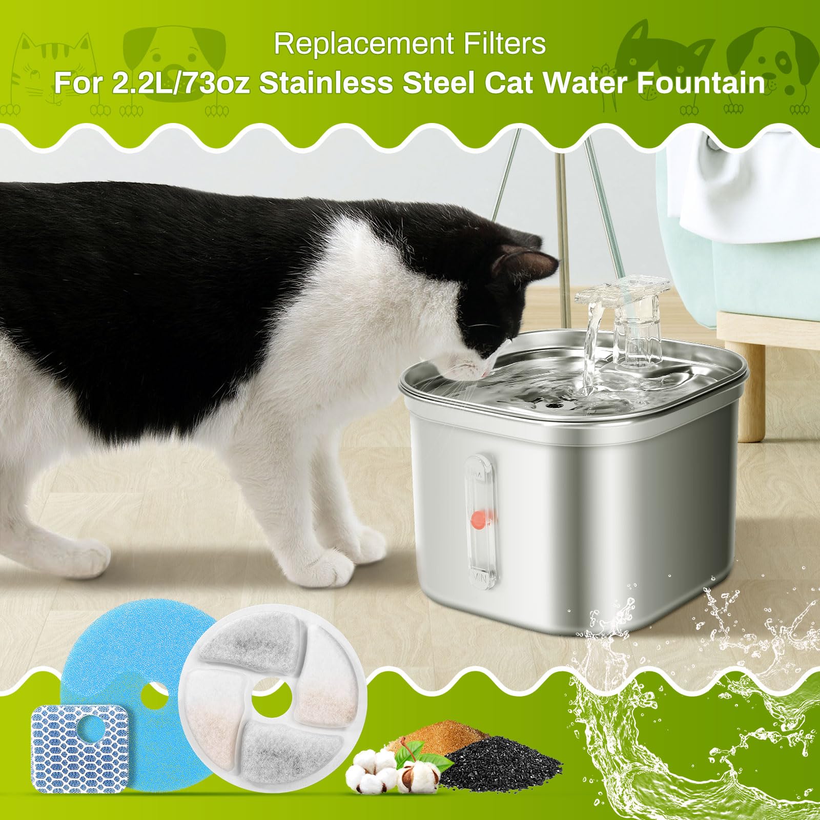 5 Set Cat Water Fountain Filter Replacement for Square 2.2L/73oz Stainless Steel Cat Fountain, ZEKIRY Pet Fountain Filter, Tripl