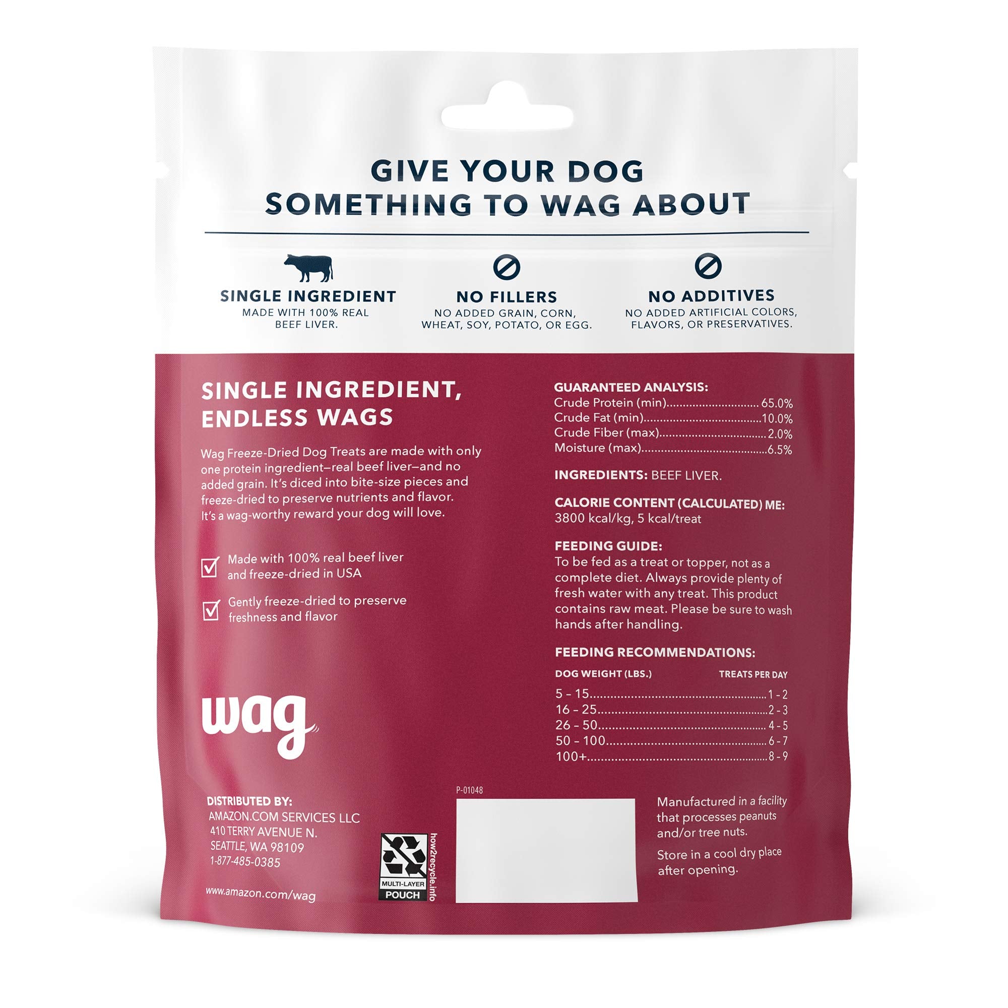 Amazon Brand - Wag Freeze-Dried Raw Single Ingredient Dog Treats, Beef Liver, High Protein, Health Training Treats or Meal Toppe