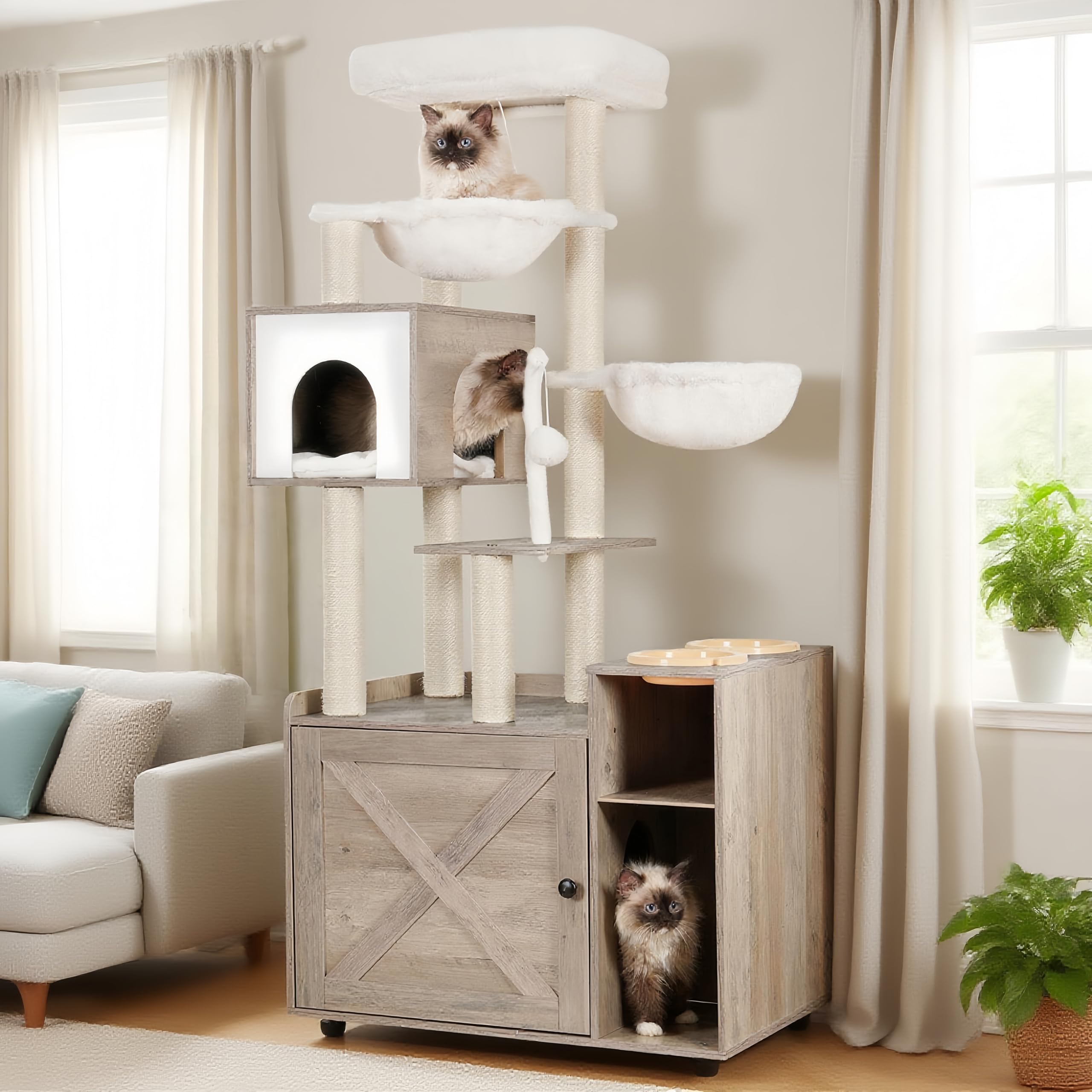 Hey-brother Cat Tree with Litter Box Enclosure, Modern Cat Tower for Indoor Cats with Large Platform, Condo Food Station and 2 H
