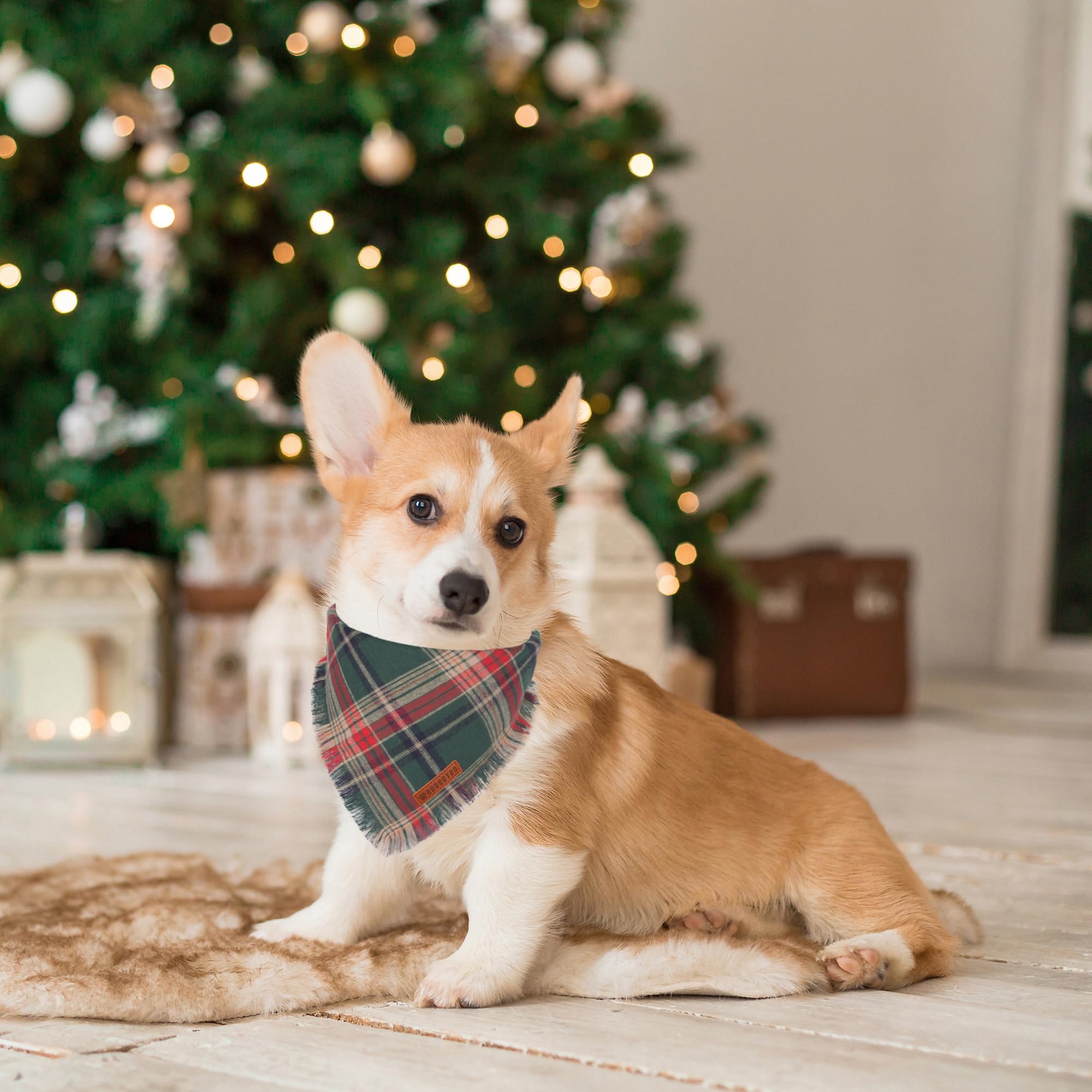 Adoggygo Christmas Dog Bandanas With Tassels Edges, Stylish Plaid Dog Christmas Scarf Bib, Multiple Sizes Offered, Plaid Bandanas For Medium Large Dogs (Christmas-1, Large)