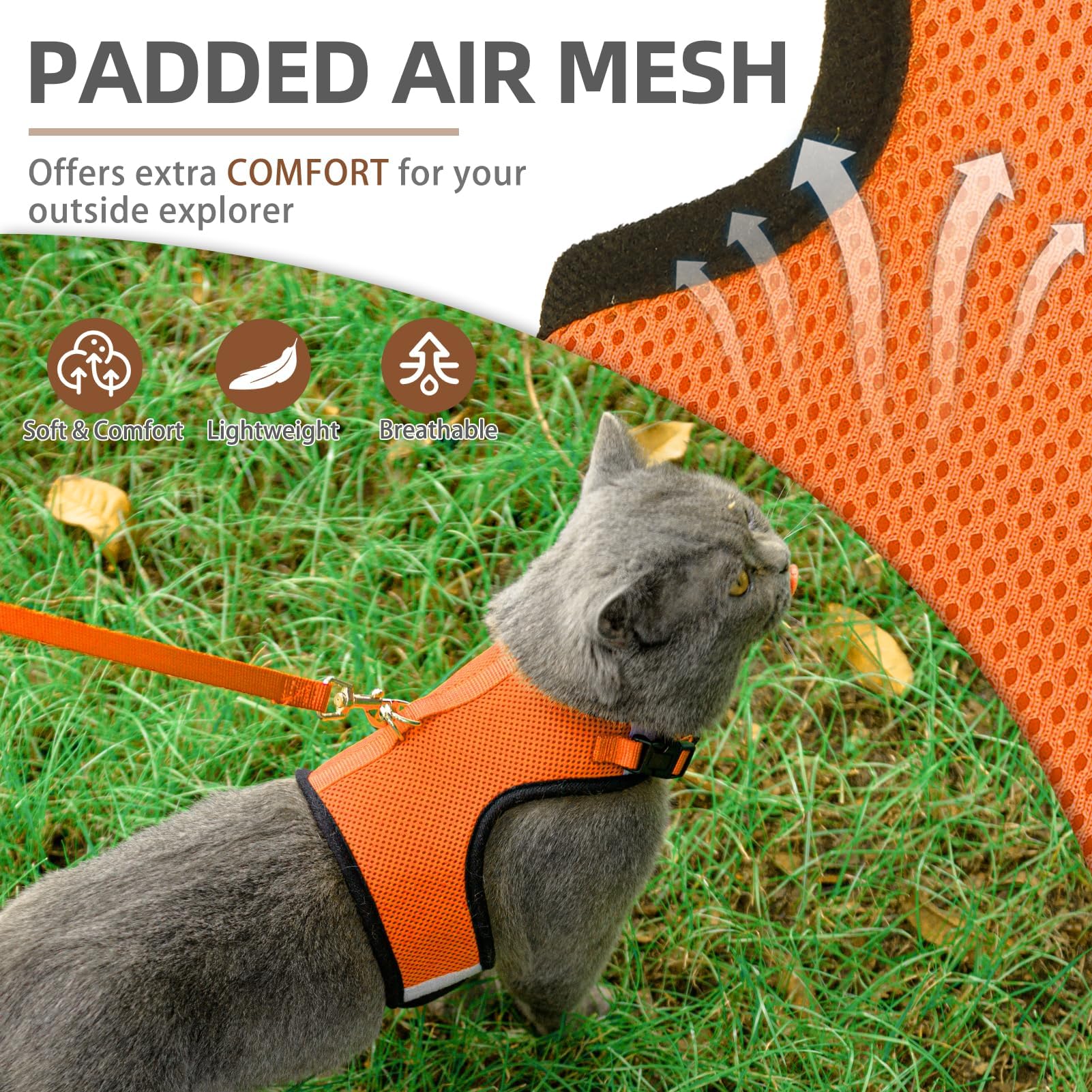 Pupteck Soft Mesh Cat Vest Harness And Leash Set Puppy Padded Pet Harnesses Escape Proof For Cats Small Dogs Rabbits Bunny, Oran