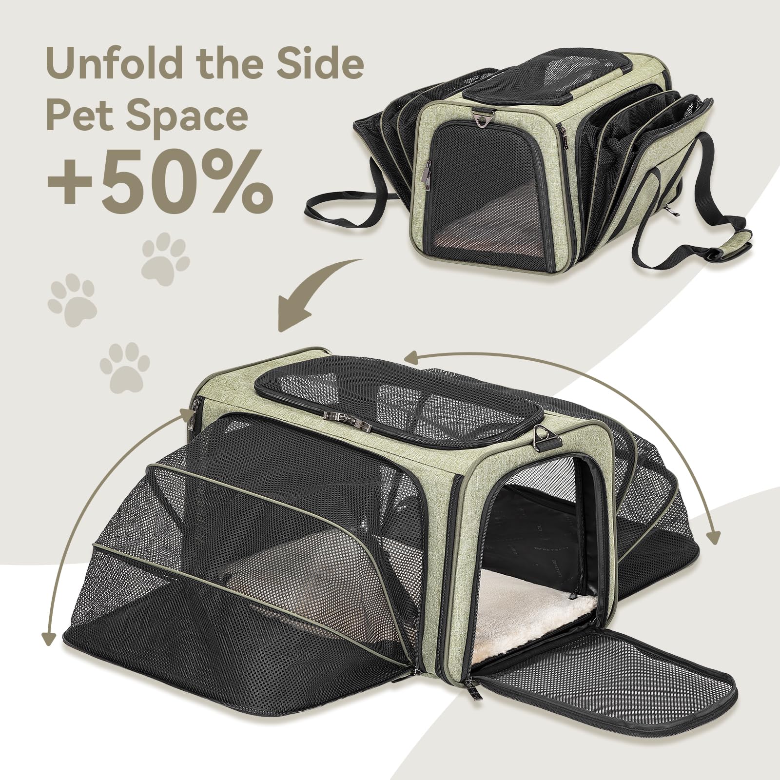 Petsfit 16 Expandable Rabbit Carrier - Airline Approved, Green, Soft Washable Cushion, Self-Locking Zipper, Built-in Safety Rope, Travel Friendly