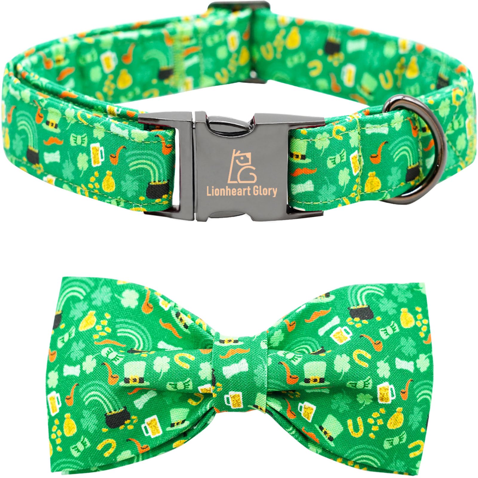 Lionheart Glory St. Patrick'S Day Dog Collar For X-Small Dogs - Adjustable Green With Lucky Clover Shamrock And Bowtie