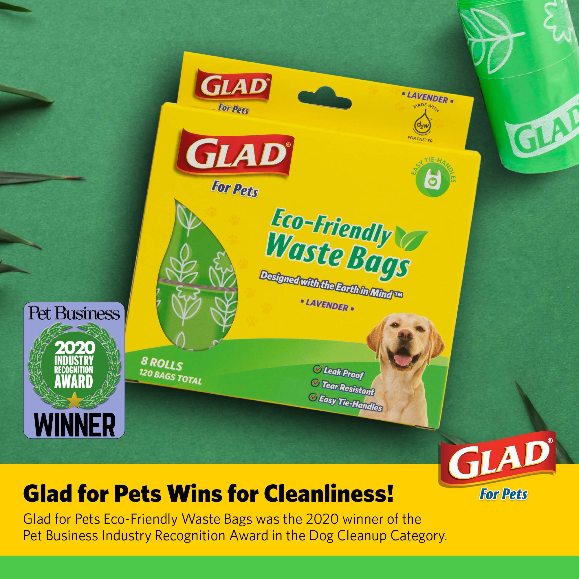 Glad for Pets Dog Waste Bags, Lavender Scent - Leak Proof and Strong Disposable Dog Poop Bags for Dogs, Easy Tie Handles for Cle