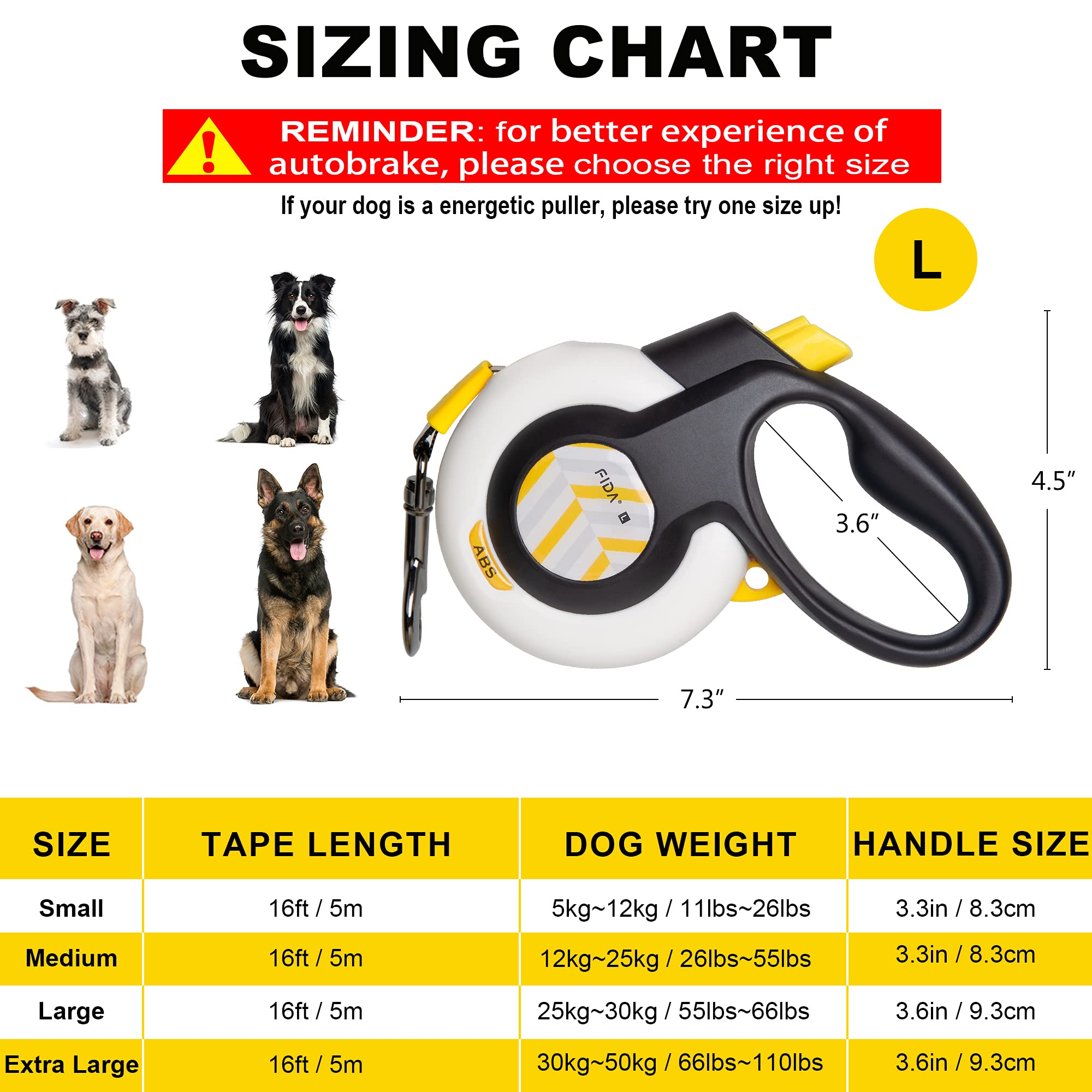 FIDA AutoBrake Retractable Dog Leash. Advanced Patented Design for Dog Pulling, 16 ft Heavy Duty No Pull Pet Walking Leash for L