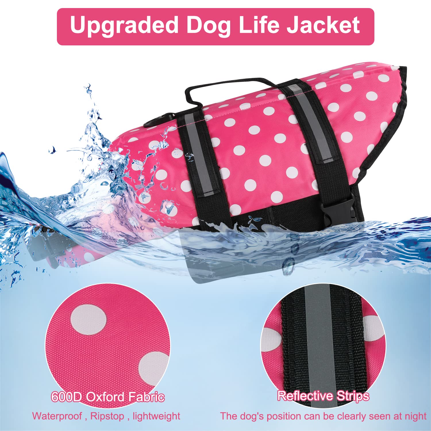 Haocoo Dog Life Jacket Vest Saver Safety Swimsuit Preserver With Reflective Stripes/Adjustable Belt Dogs?Pink Polka Dot,Xl