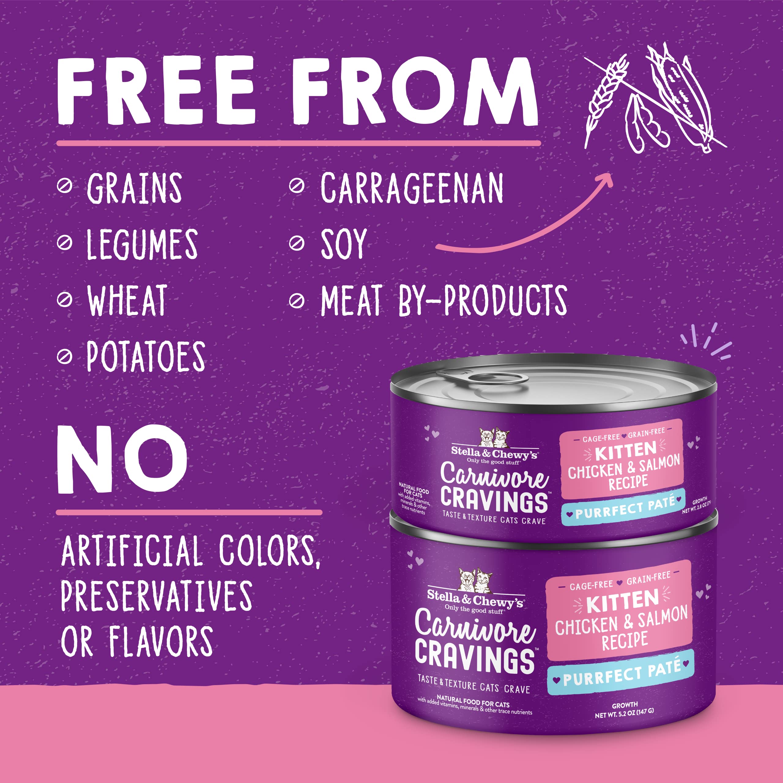 Stella & Chewys Carnivore Cravings Purrfect Pate Cans - Grain Free, Protein Rich Wet Cat Food - Cage-Free Chicken & Salmon Kitte