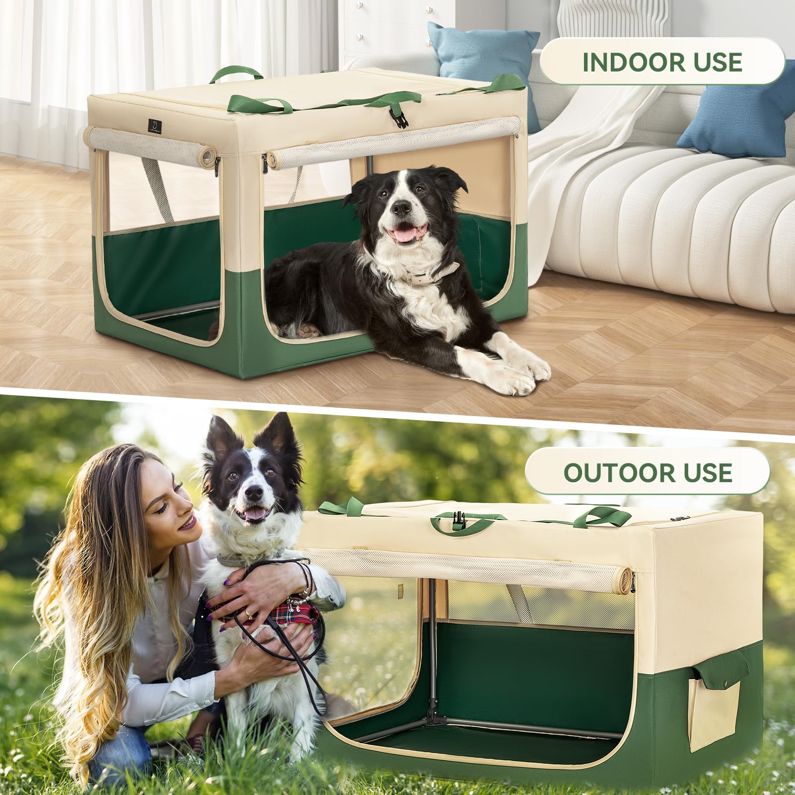 A4Pet Portable Dog Crate - 36" Adjustable Stainless Steel Frame, Lightweight 600D Oxford Fabric, Green/Beige